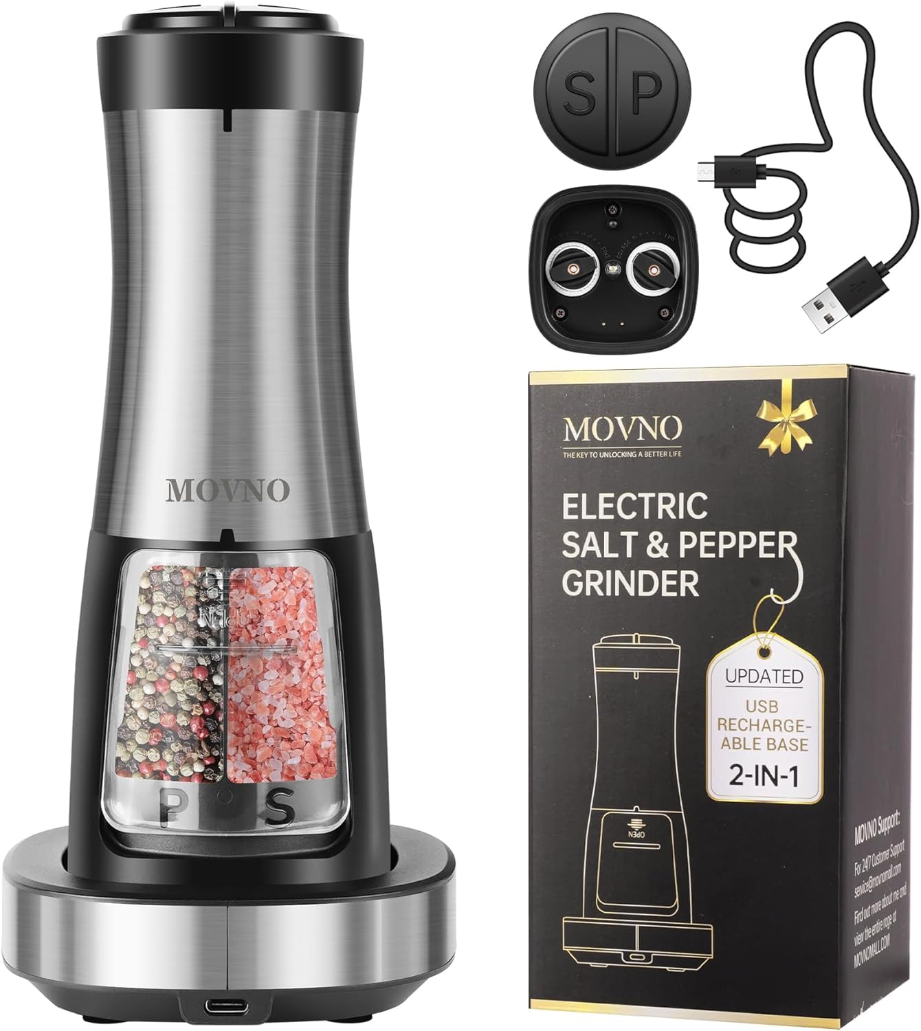 MOVNO 2-in-1 Wiederaufladbares elektrische Salz und Pfeffermühle mit Ladestation, Automatische Salz und Pfeffermühle elektrisch, Einhandbedienung, Einstellbare Grobheit mit LED-Licht, Gewürzmühle