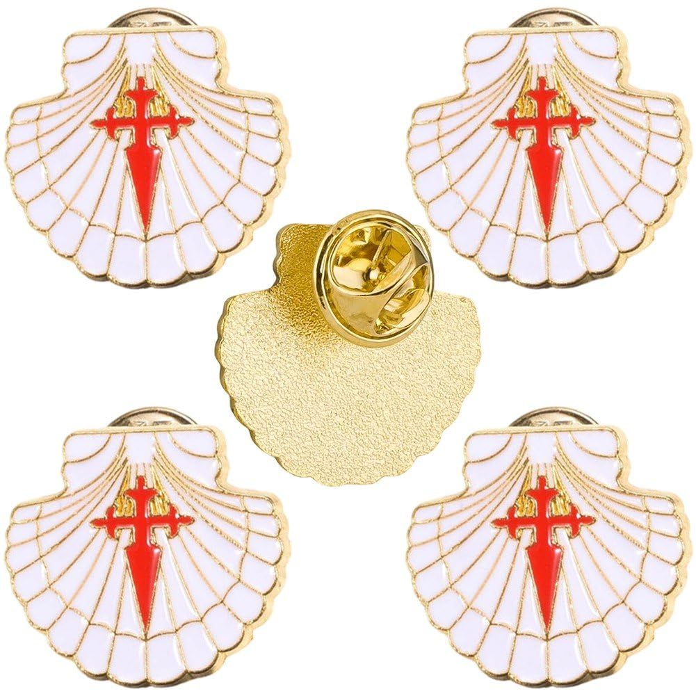 Ppmter 5 Pcs Scallop Shell Saint Cross Pilgrim Lapel Pins Santiago Cross Badge Brooch Pin for Clothes Hat Bag
