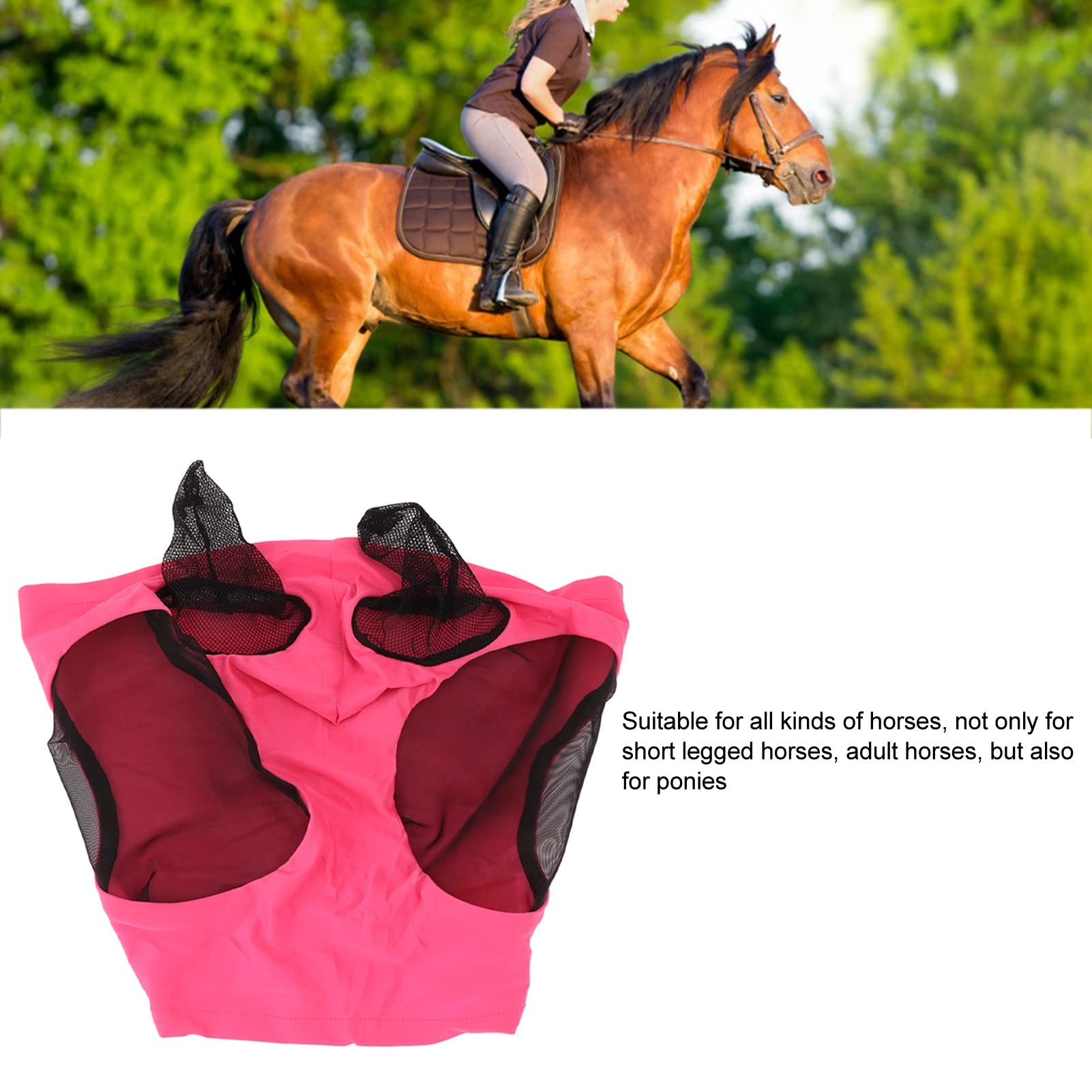 Horse Fly Mask, Elastyczna, Oddychająca Siatkowa Maska ​​dla Koni z Ochroną Uszu(Czerwona róża)