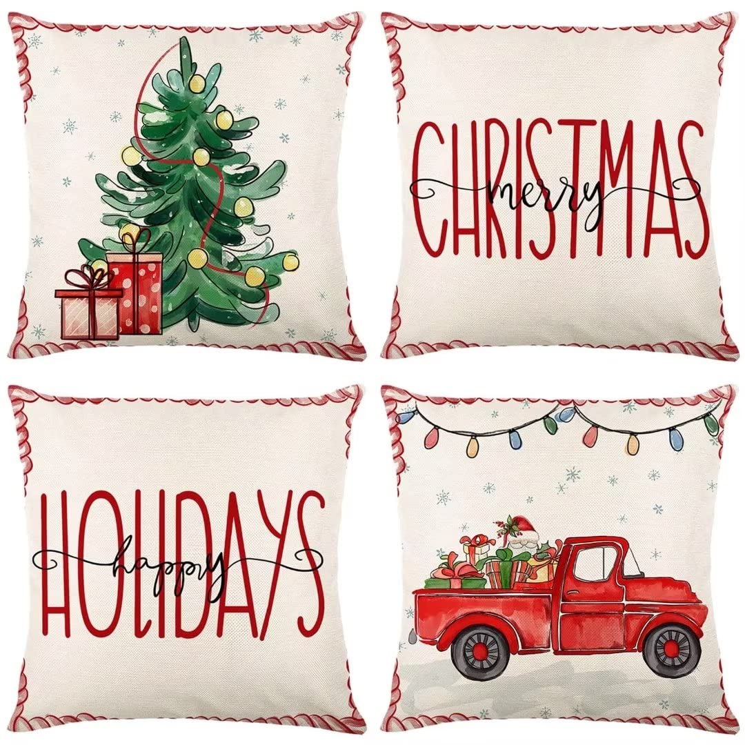 Housse de coussin Noël 40x40cm lot de 4 en lin taies décoratives pour canapé salon CH-1522
