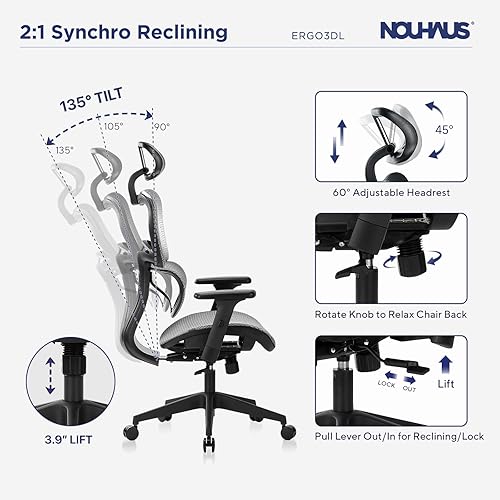 Miniatura 3 de Nouhaus Ergo3dL - Sillas de escritorio de oficina en casa, silla ergonómica de oficina con respaldo alto, sillas de trabajo con ruedas y