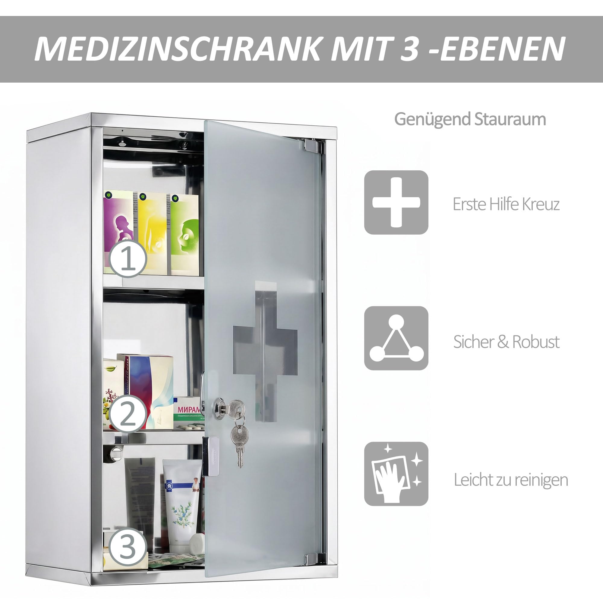 HOMCOM Medizinschrank Arzneischrank aus Edelstahl, Abschließbar Medikamentenschrank mit 3 Fächern, Glastür Apothekerschrank zur Medikamenten-Aufbewahrung, 30 x 18 x 50 cm