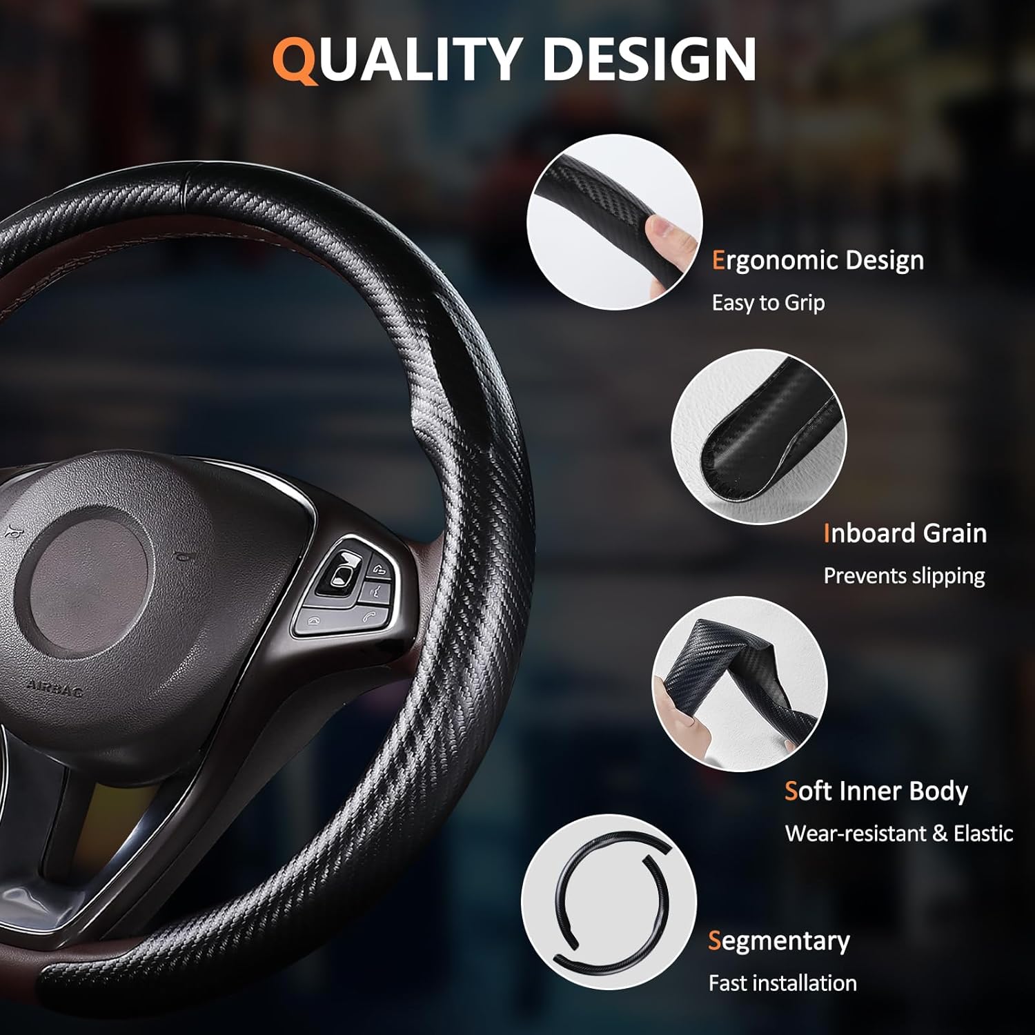 Aimato Carbon Fiber Steering Wheel Cover 2 Piece Non-Slip Clip on Steering Wheel Cover,Ultra-Thin Breathable,Universal Fit 14.5"-15" Wheel,Matte Black - Image 3