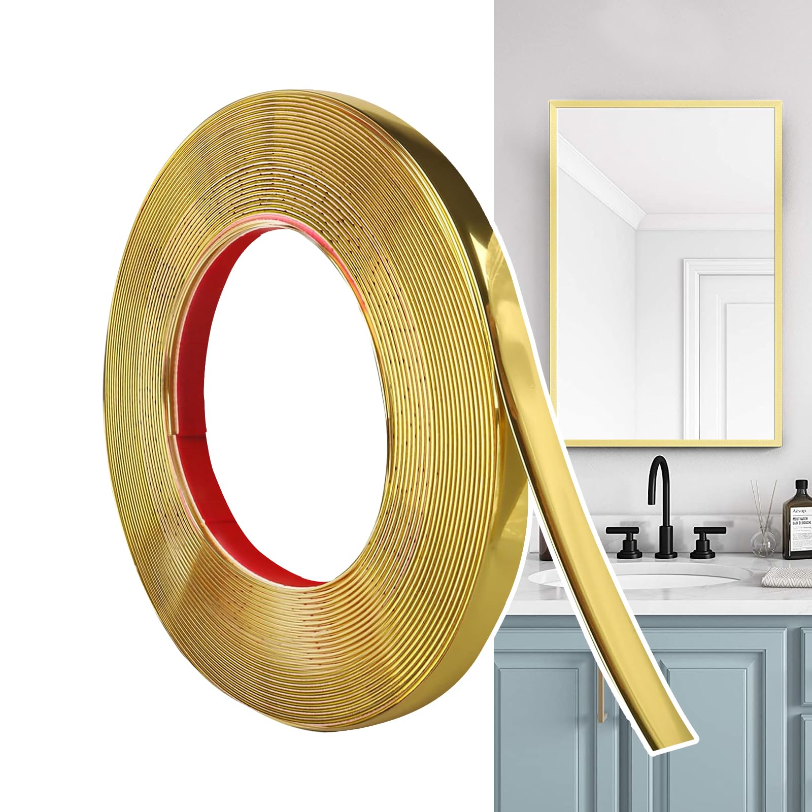 Hengrongshen Self Adhesive Moulding Trim Matte Gold (12M x 1cm) Flexible PVC Peel and Stick Wall Trim Decorative Edge Strip for Wall, Tile, Mirror, Window, Cabinet, Bathroom, DIY Trim