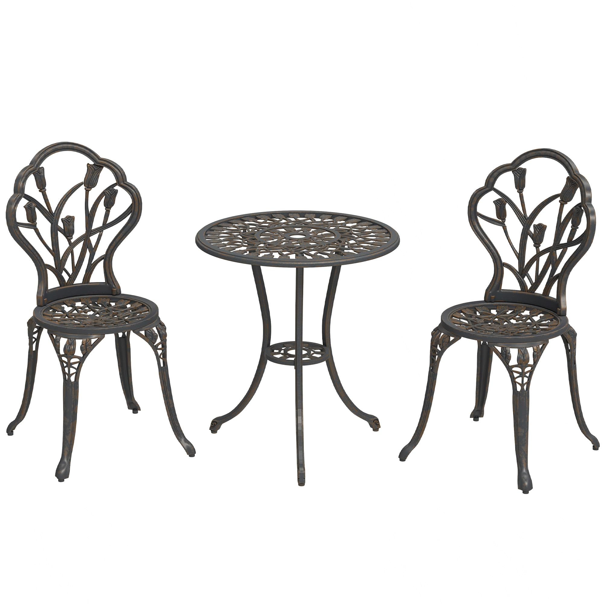 Outsunny Set de terraza de Exterior de 3 Piezas con 2 sillas de jardín y Mesa Redonda con Orificio para sombrilla, Juego de Mesa y sillas de balcón de Aluminio, para Patio, jardín, Bronce | Mesa redonda de exterior con 2 sillas, juego de balcón de alumini
