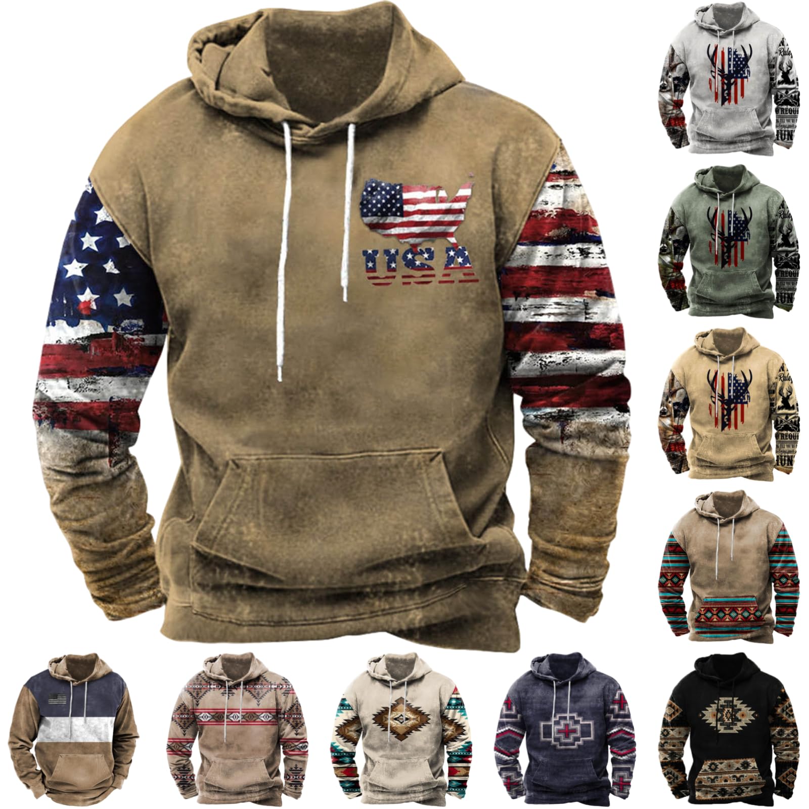 Sblioda Hoodies for Men Graphic Aztec Cowboy Western Hoodie Vintage Ethnic Print Hooded Sweatshirt Fashion Fall Pullover