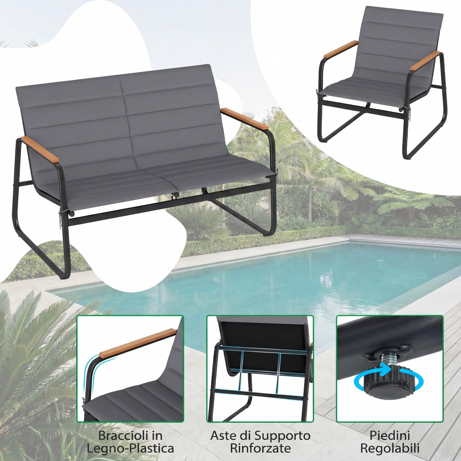 RELAX4LIFE Tavolo da Giardino con Sedie, 3 Poltrone con Braccioli in Legno Plastico e Cuscini Rimovibili/Lavabili, Struttura in Metallo, Tavolino in Vetro Temperato, Set Bistrò per Esterno (Modello 2)