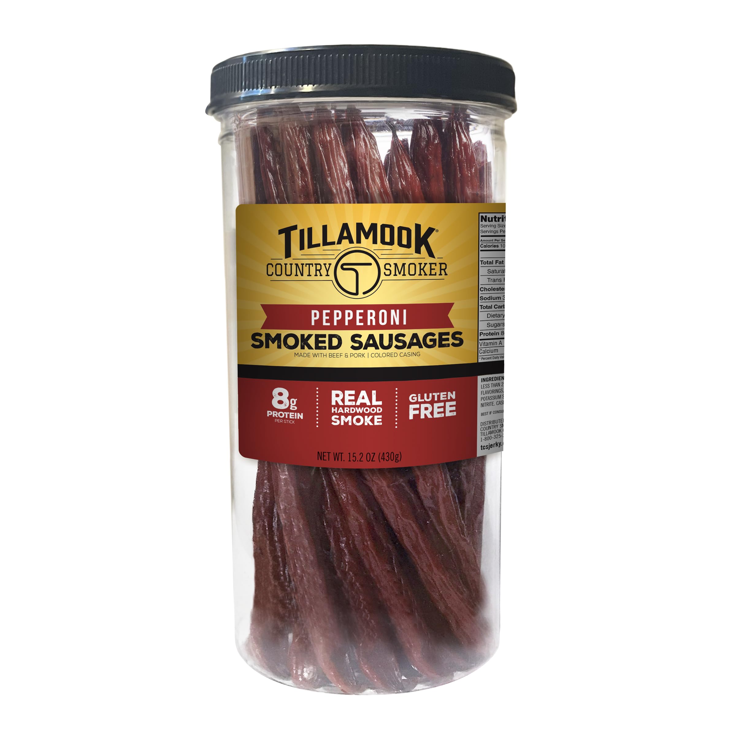 Tillamook Country Smoker Real Hardwood Smoked Sausages, Pepperoni, 15.2 Ounce Tall Jar, 20 Count