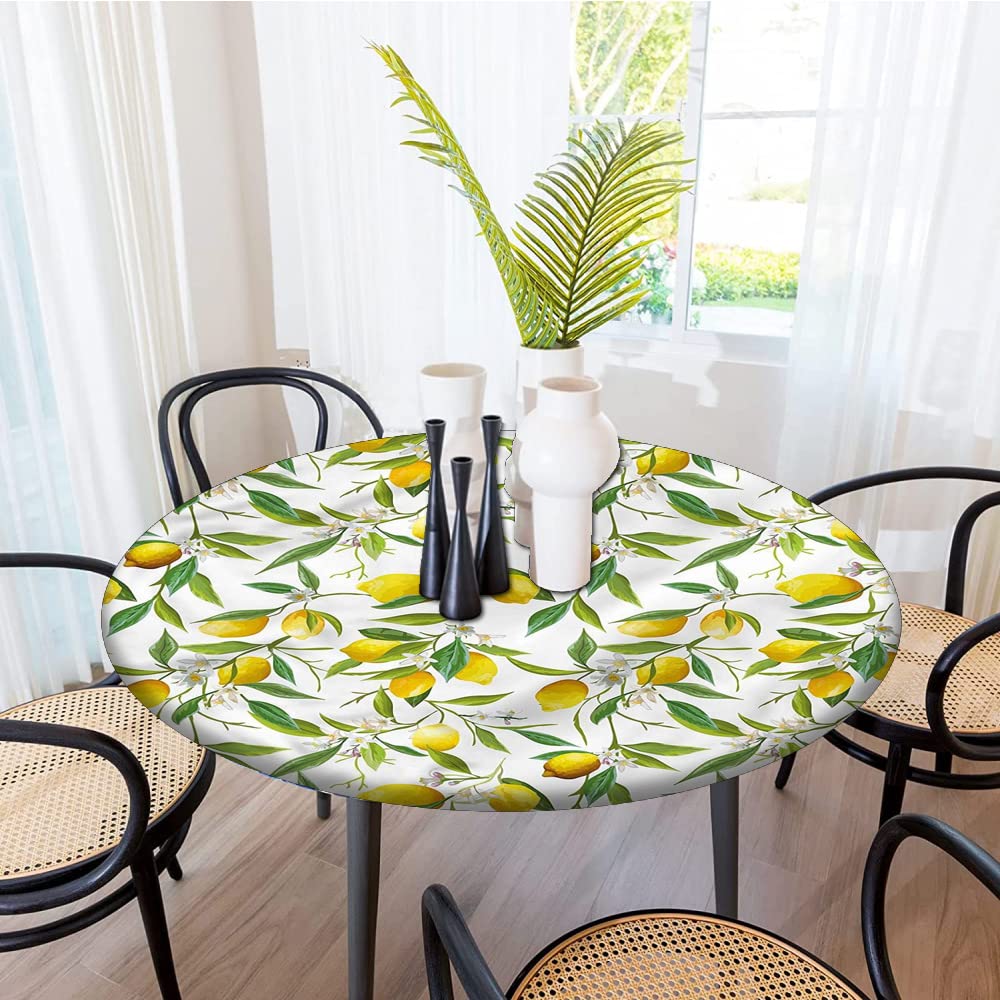 XISUNYA Nature Elastic Edged Polyester Fitted Tablecloth, Lemon Woody Romantic Round Fitted Table Colth Fits Round Table 60” Diameter, for Picnic, Indoor and Outdoor Dining