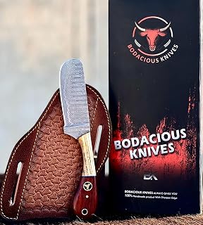 8" Handmade Damascus Bull Cutter Knife with Leather Sheath - Western Cowboy knife for Hunting, Skinning, Camping, and outdoor activities (Red & Ash) - Bodacious Knives