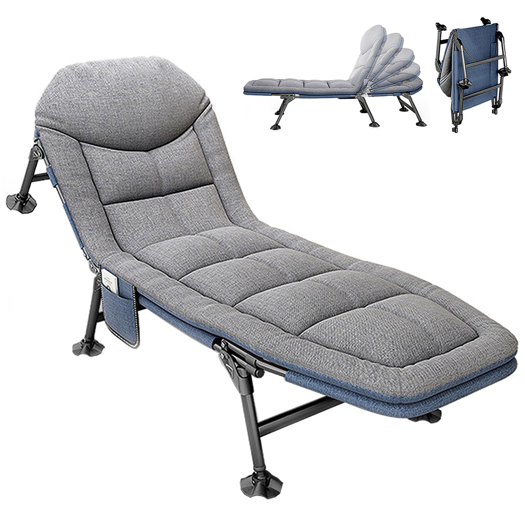 Cama Camping, Cama Plegable Camping, Cama de Camping Portátil con Colchón, Tumbonas Jardin Exterior con 5 Regulable Respaldo, Hamacas Jardin Tumbonas para Terraza Piscina Jardín, 210 x 68 cm, Gris