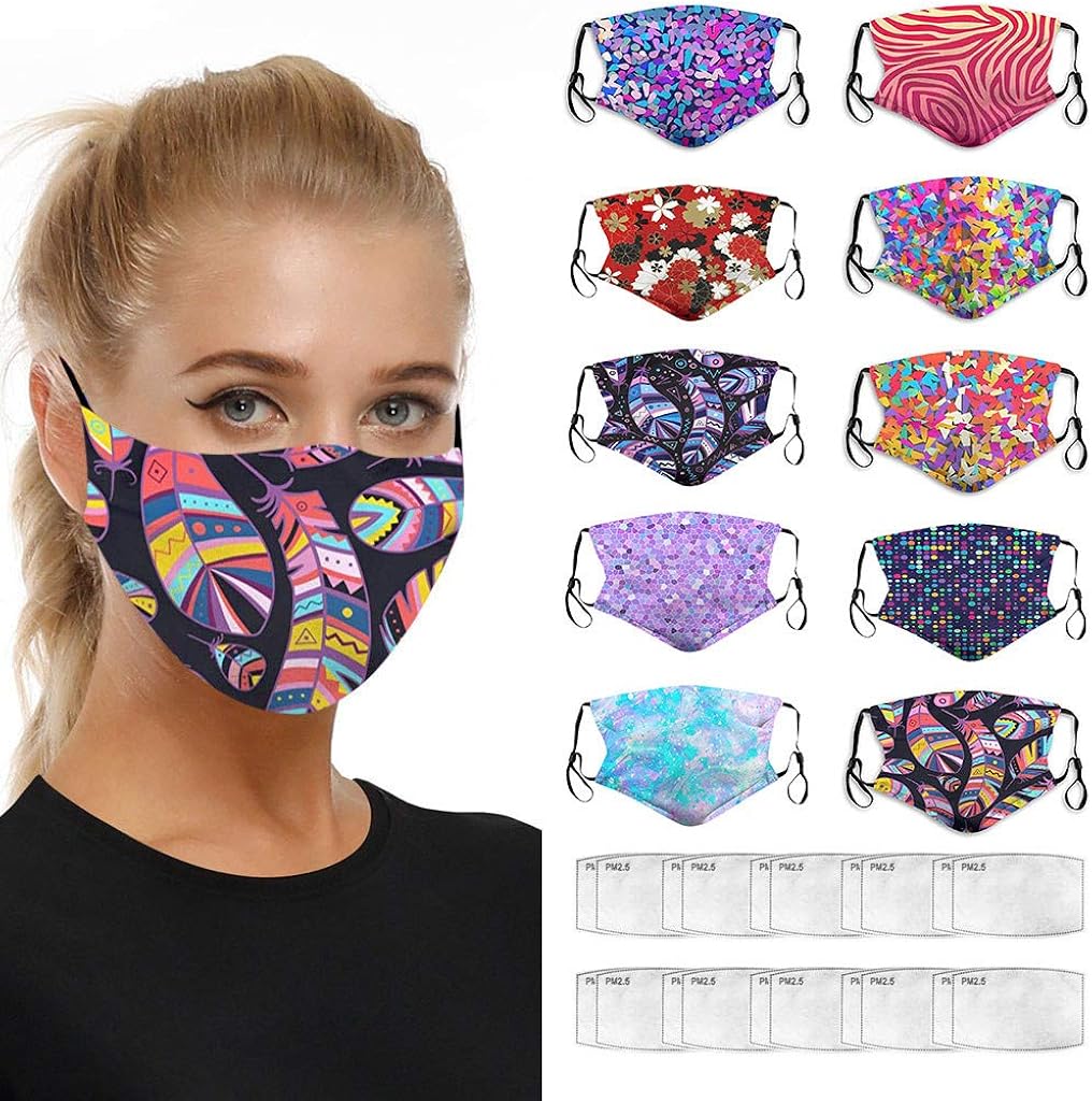 10PCS Color Print Background Anti Pollution Face Shields Dust Scarf Washable and Reusable Bandanas Headbands Headwear With 20PCS Filter: Clothing, Shoes & Jewelry