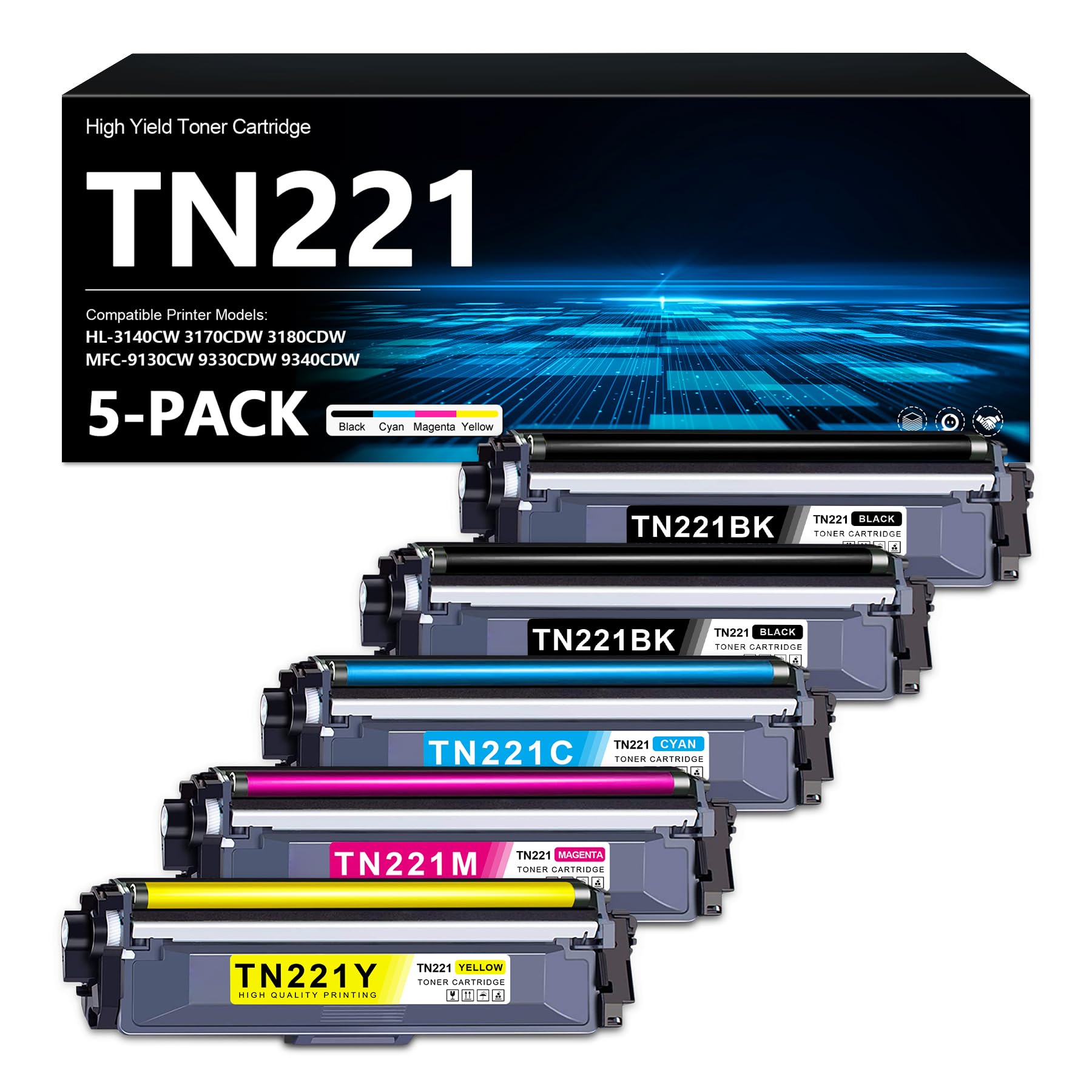 TN221 Toner Cartridge High Capacity 5-Color: TN221BK TN221C TN221M TN221Y Replacement for Brother TN-221 Black Cyan Magenta Yellow use for MFC-9130CW