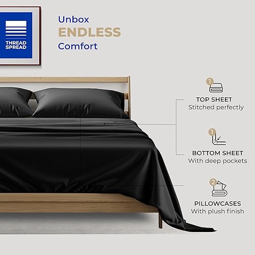 Miniatura 3 de THREAD SPREAD Sábanas de 100 % algodón para cama tamaño King, juego de sábanas de algodón de 4 piezas de 400 hilos, sábanas refrescantes suaves y