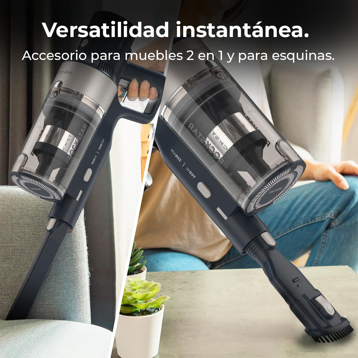 Cecotec Aspiradora Escoba Sin Cable Conga Rockstar 5500 Hurricane Station Flex, MAX 220 AW, 700 W, Base de Autovaciado, hasta 90min de Autonomía, Cepillo antienredos, Tubo Flexible y Ciclón Paralelo