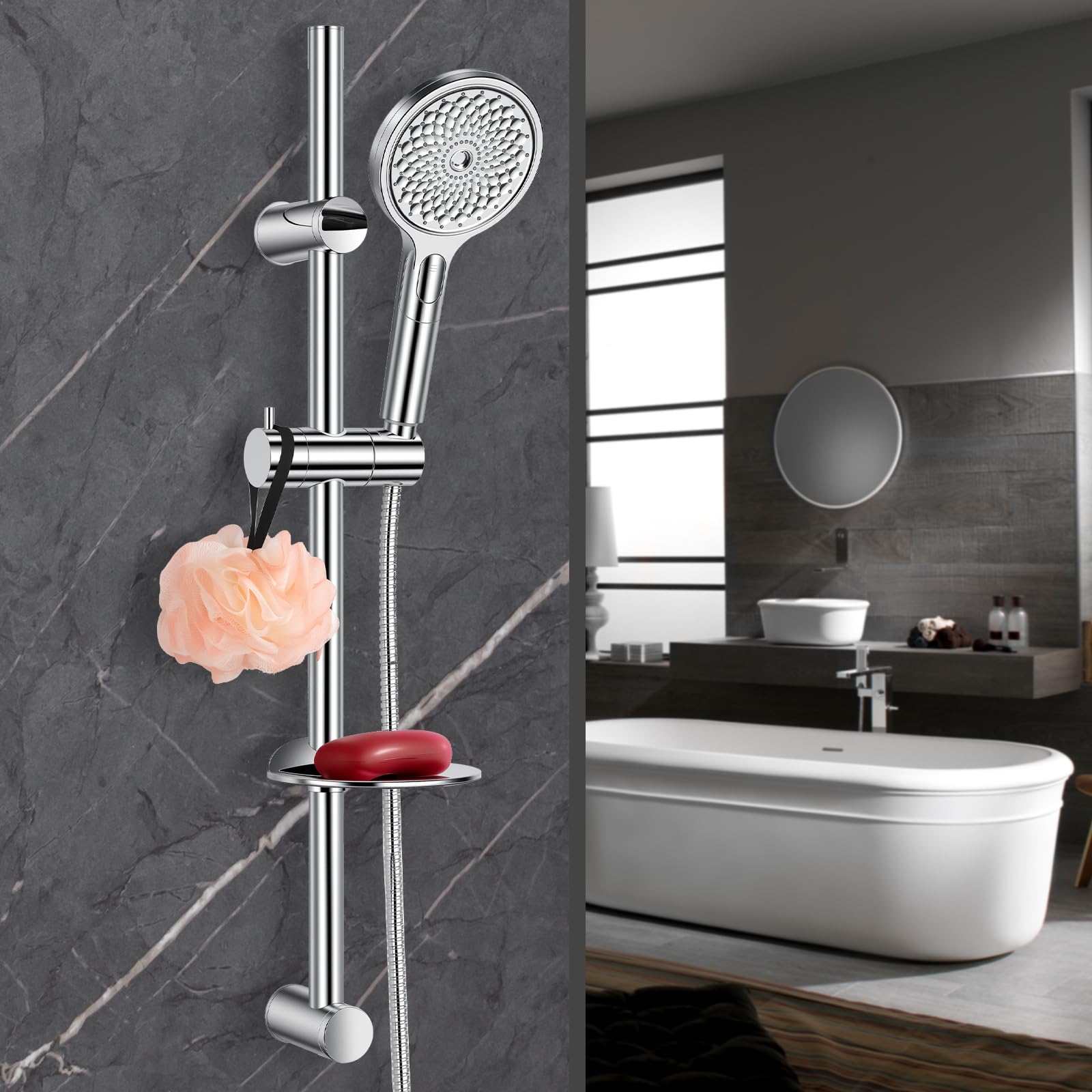 Ronvie Shower Riser Rail Kit with 4 Spray Modes Handheld Showerhead, 1.5m Stainless Steel Hose, Adjustable 73cm Riser Rail and Soap Dish, Corrosion-Resistant, Round Design Bathroom Essentials, Chrome