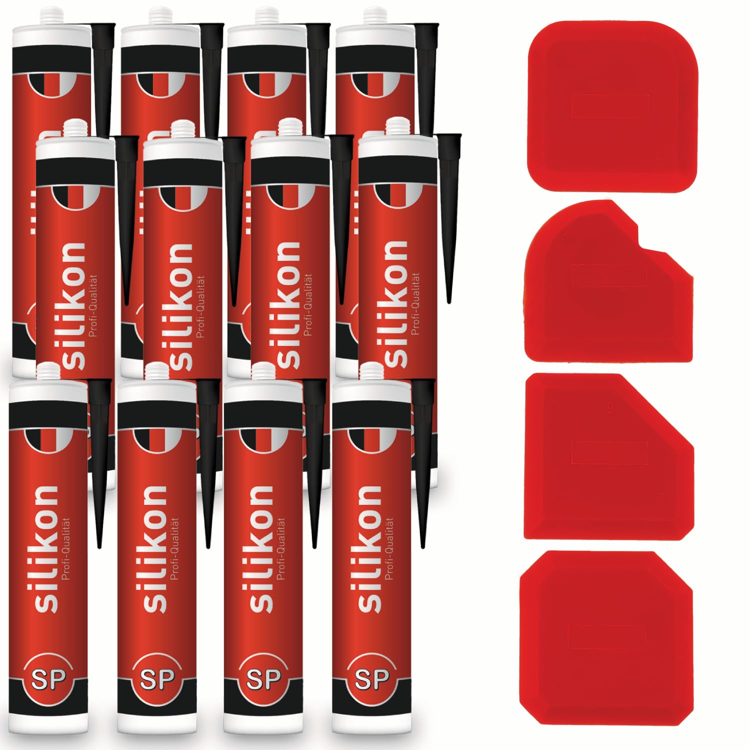 12x Sanitär-Silikon 310 ml Kartusche schwarz + Fugenglätter Fugendichtmasse für Bad, Dusche, Küche, wasserfest mit Schutzeffekt, Schimmelresistent, UV- und witterungsbeständig