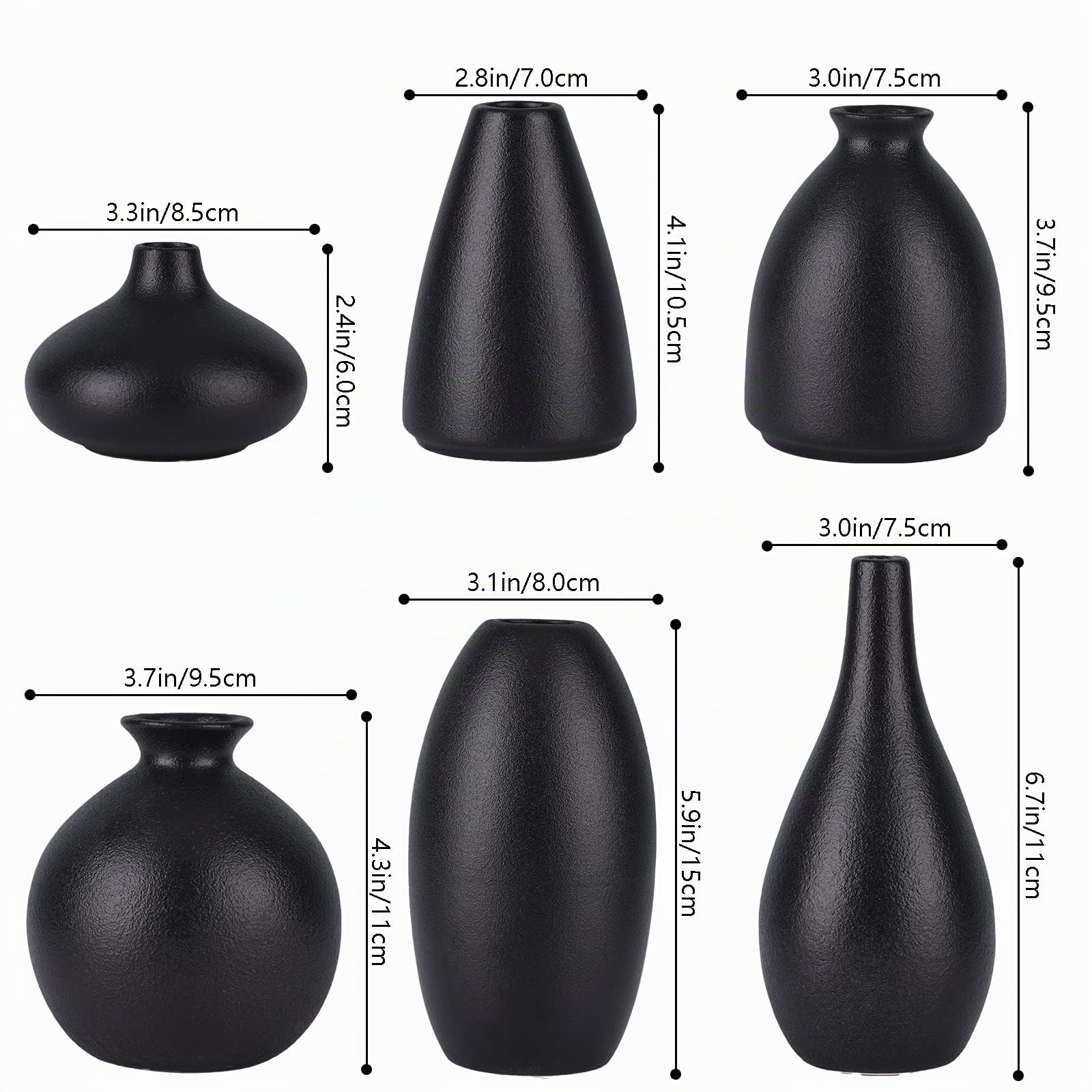 Boho piccoli vasi in ceramica nera opaca per centrotavola, confezione da 6vaso neri per fiori, Mini Bud Pampas erba
