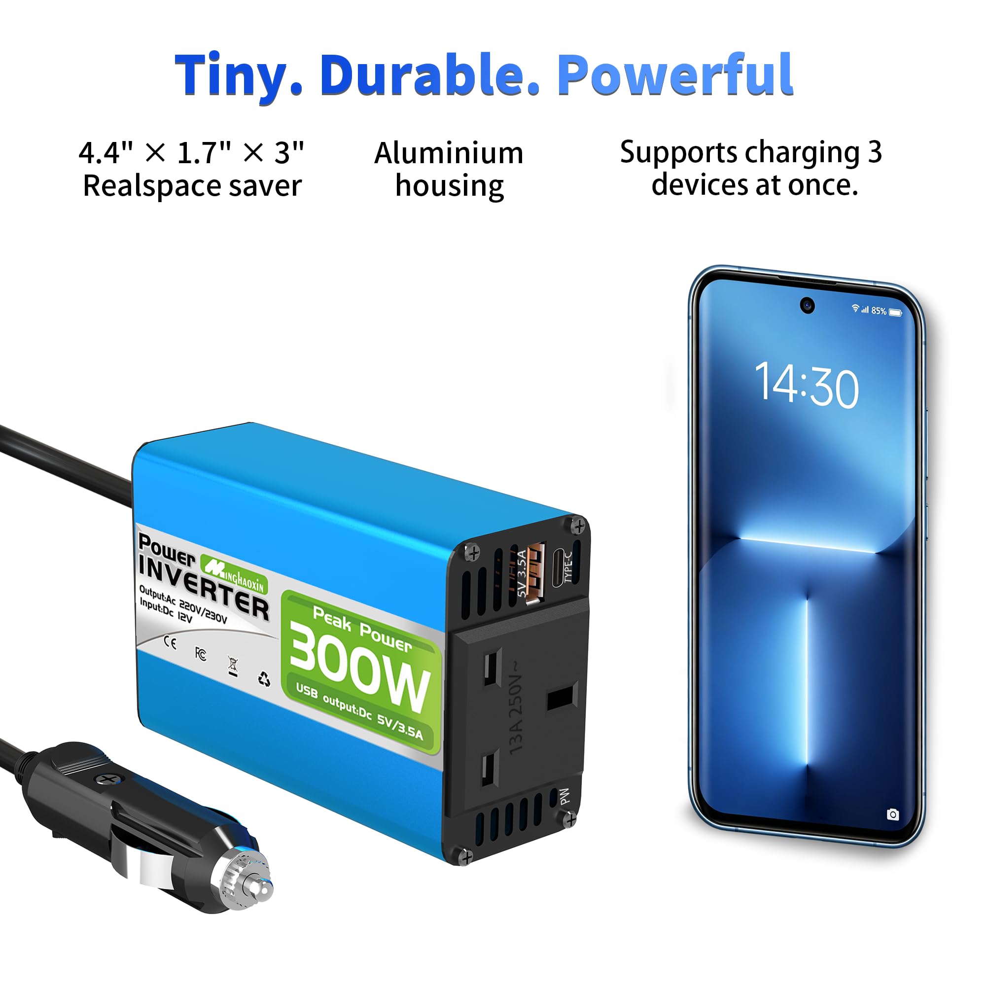 300W Car Power Inverter 12V to 230V/240V Converter, Car Charger Lighter Adapter USB-A and USB-C 3A Charging Ports - Blue Aluminum Body — view 6