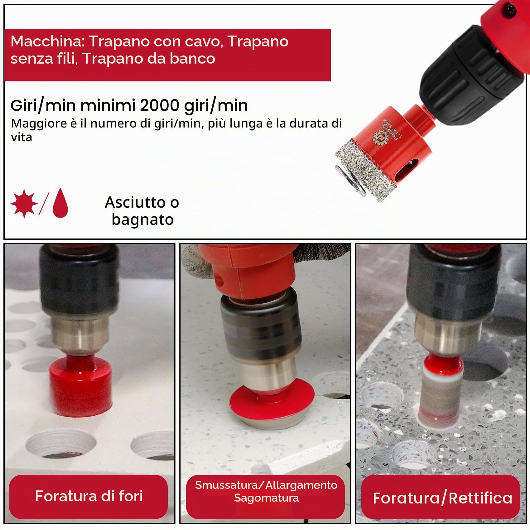FOCSTOL Punte Diamantate Gres Porcellanato - Punte Trapano Diamantate per Piastrelle Ceramica 13 pezzi (6/8/10/25/28/32/35/45/65mm+50mm Punte per Smusso+20mm Trapano Fresa+6/6mm Punta in Carburo)