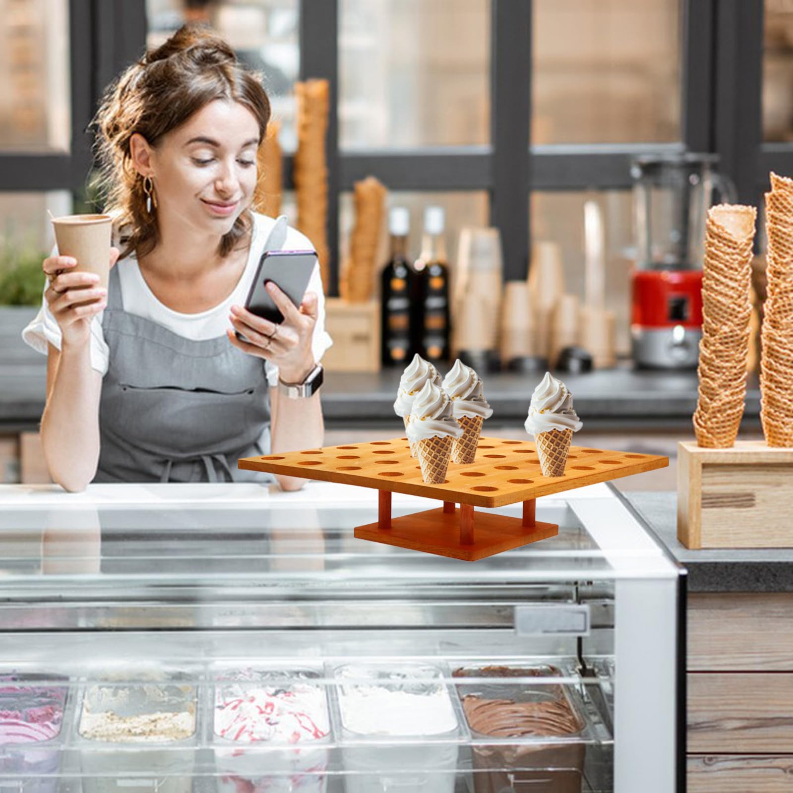 CRAFTHROU Porta Cono Gelato in Legno Arancia Robusto e Lucidato, Supporto da Banco per Sushi Hand Roll e Coni Uovo, per Gelaterie e Mercati
