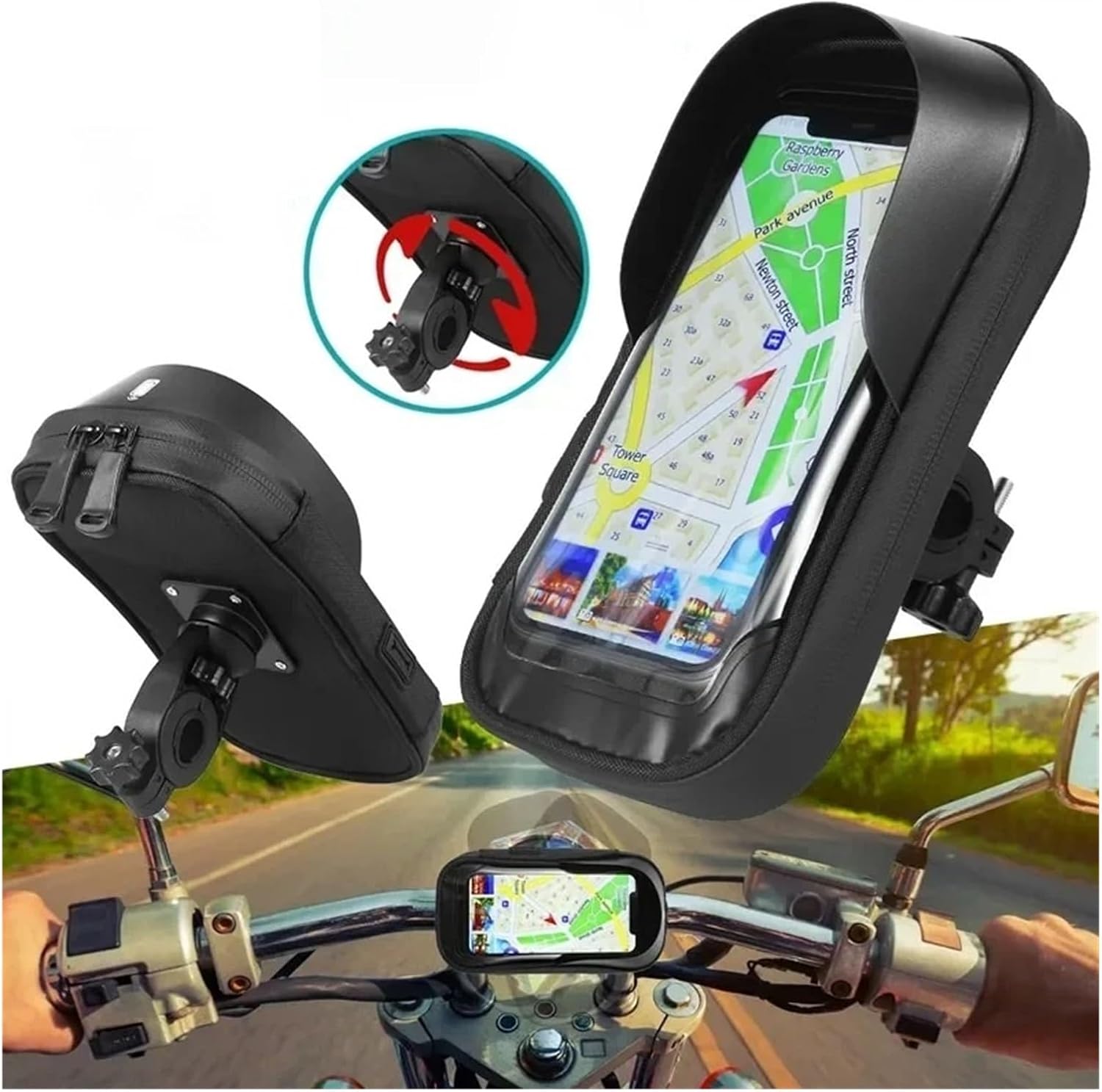 Bike Phone Mount Waterproof 360° Rotation Front Frame Phone Holder Easy Navigation Smartphone Bracket for All Phones Bicycle Phone Holder(Motorcycle Black)