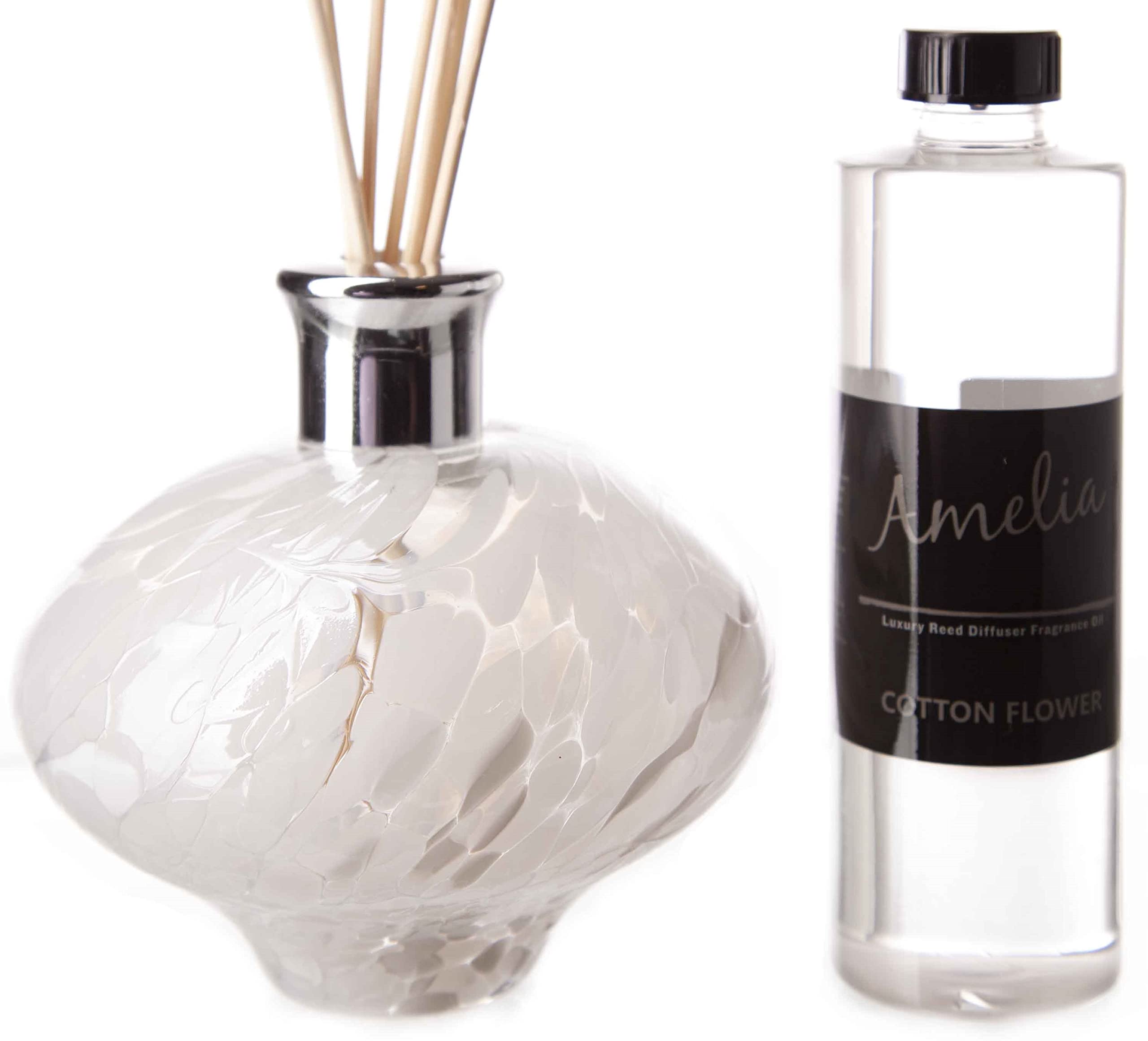 Amelia Art Glass White Oval Reed Diffuser With Cotton Flower Fragrance