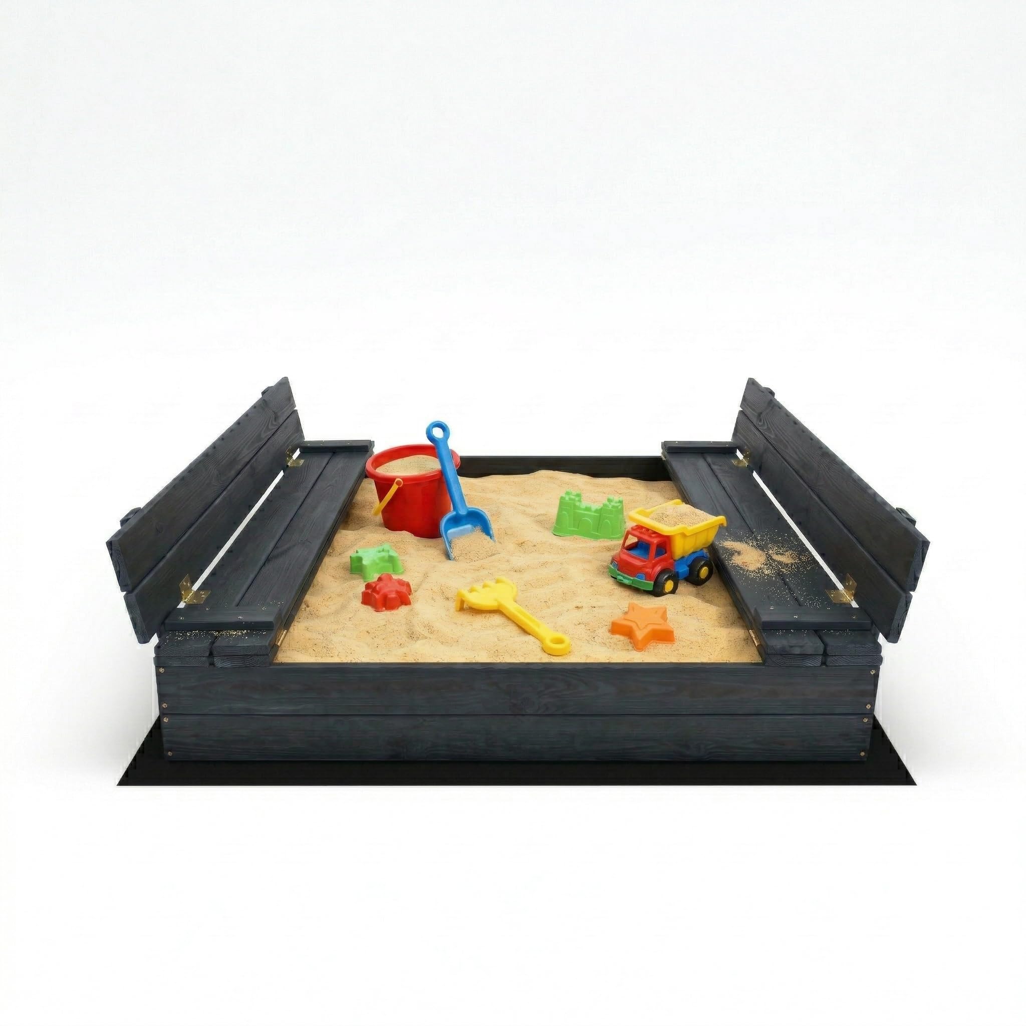 Premium Massivholz Sandkasten Imprägniert mit Sitzbänken & Deckel Anthrazit Grau inkl. Sandkastenvlies & Abdeckplane Sandkiste (Antrazit, 120 x120 cm)