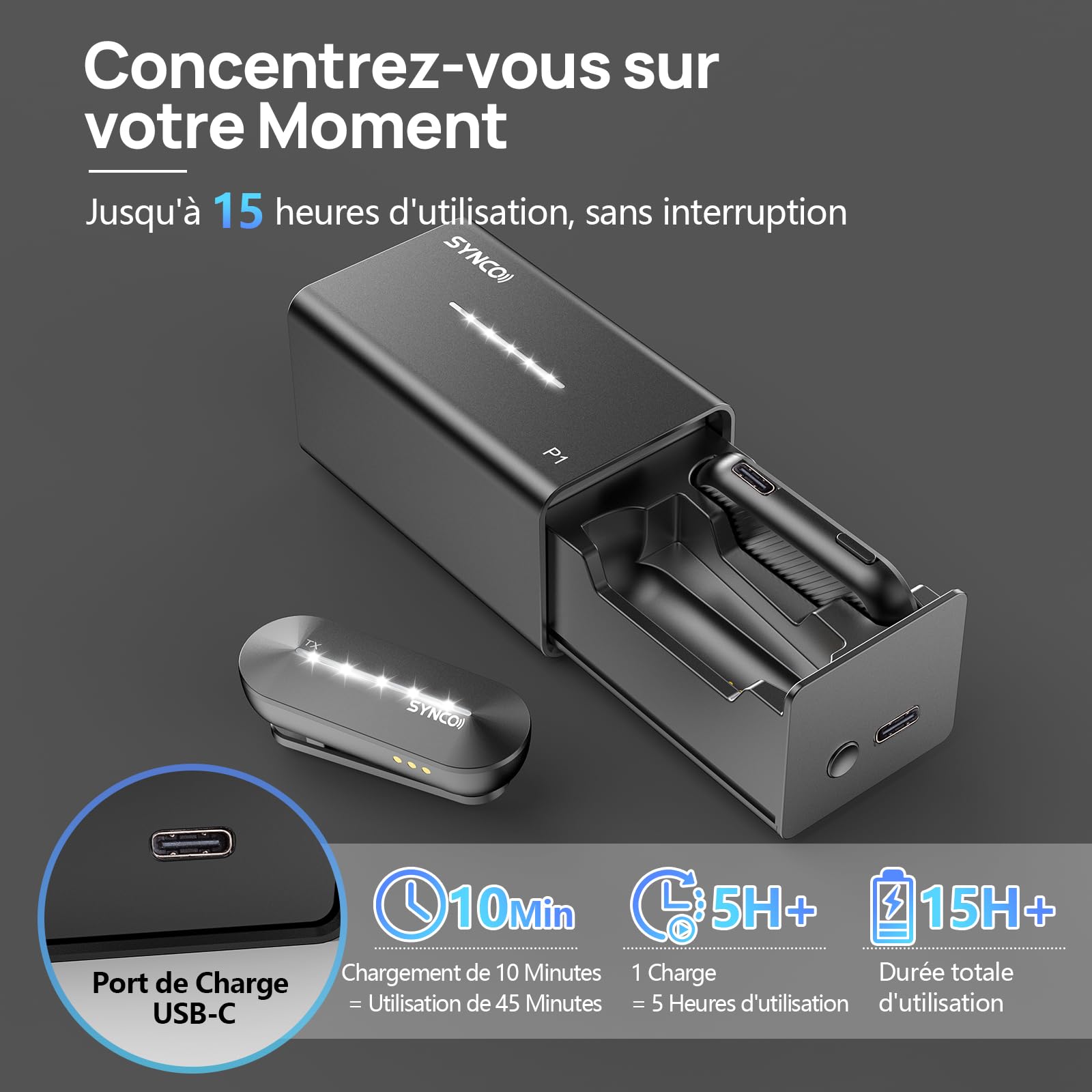SYNCO Micro Cravate sans Fil pour iPhone 17/16/15/Samsung, P1ST Microphone Lavalier 2.4GHz avec Étui de Chargement USB C, Mini Micro pour Tiktok, Youtube, Streaming, Vlog