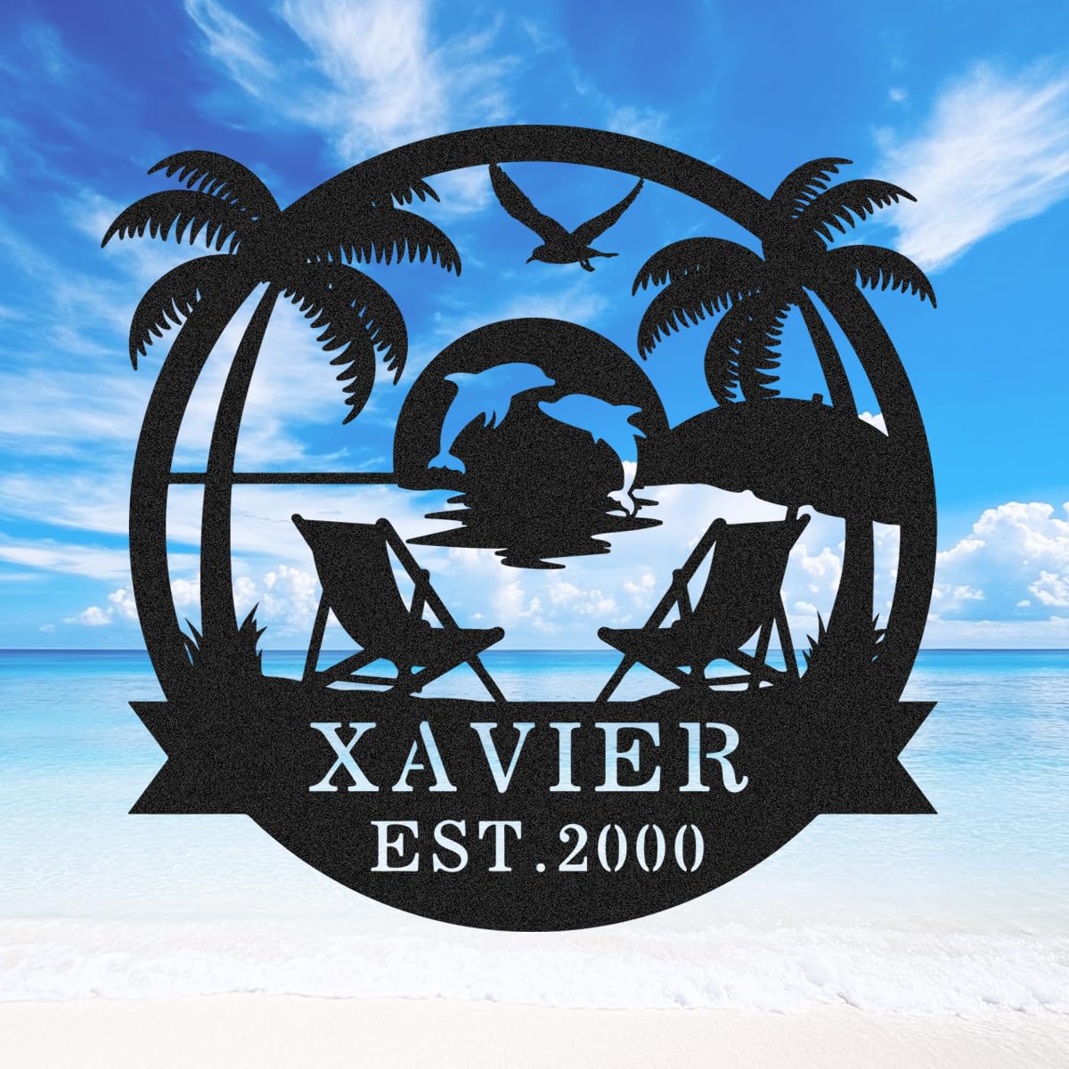 Custom Name Palm Tree Sign, Personalized Sunset Dolphin Beach Sign Metal Wall Art, Customized Bathroom Backyard Lake House Coastal Decor Last Name Sign — image 1