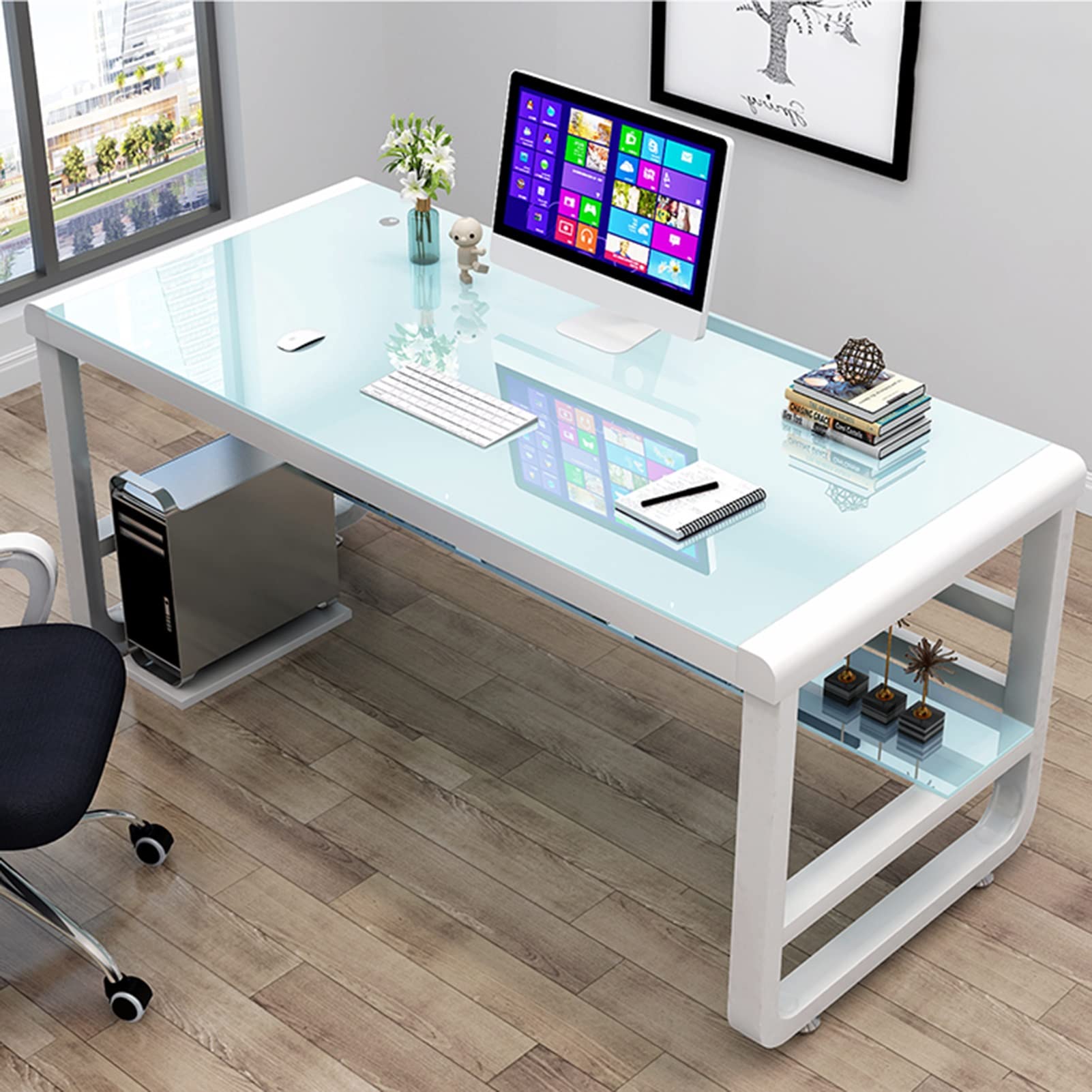 Stilvoller 159,8 cm moderner weißer Computertisch – Bürotisch aus gehärtetem Glas, einfache Montage, Gaming- und Schreibarbeitsplatz, idealer Laptop-Schreibtisch für Zuhause, Studium und Geschäft
