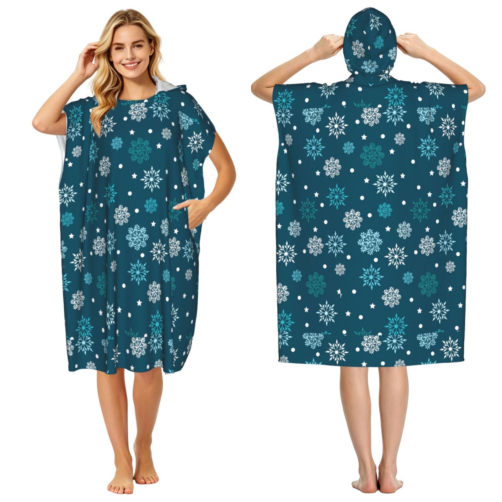 Poadnly Snowflakes Blue, Adult Hooded Beach Towel 90 x 110 cm,Changing Bath Robe, Surf Poncho Towel For Women Men