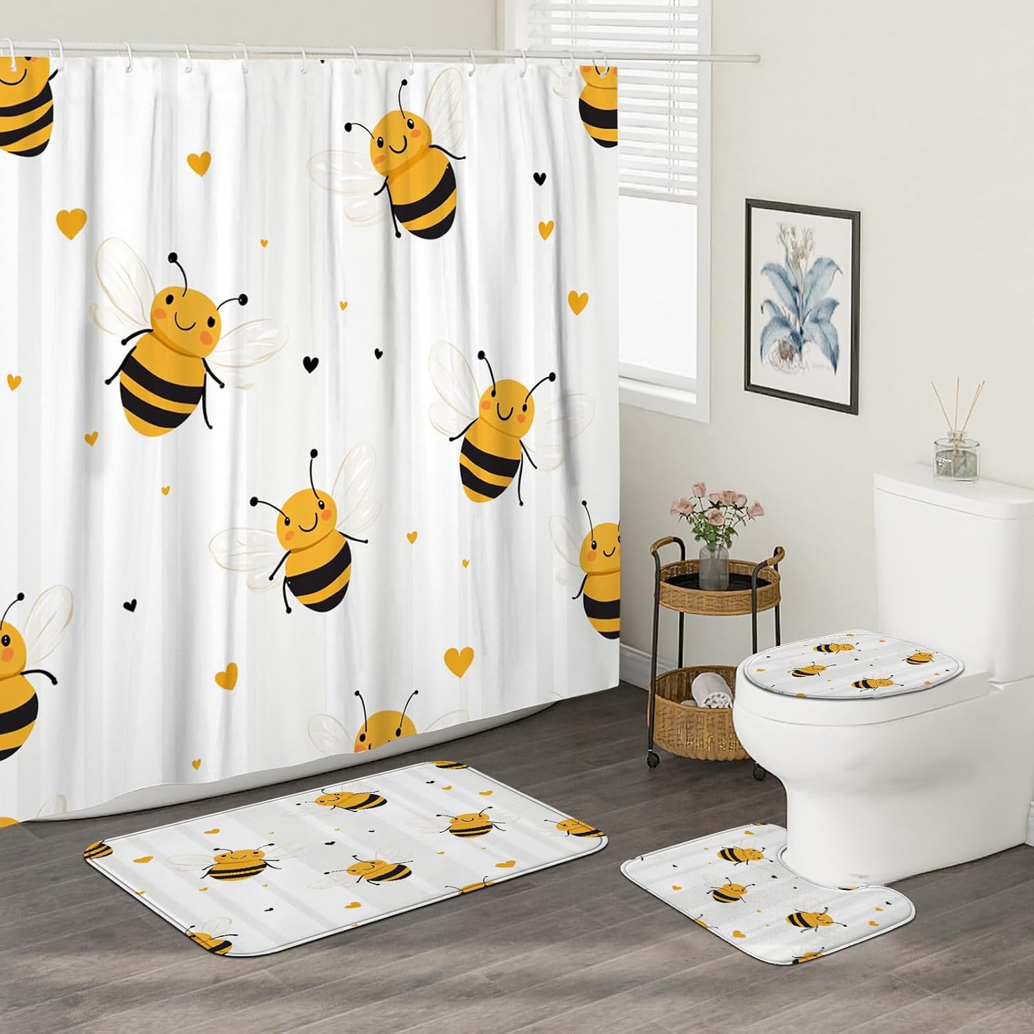 4PCS Fun Kids Bee Bathroom Sets, Bath Accessory with Non-Slip Rug, U Shape and Toilet Lid Cover Mat, Cute Cartoon Insect Bathroom Decor-72''x72''