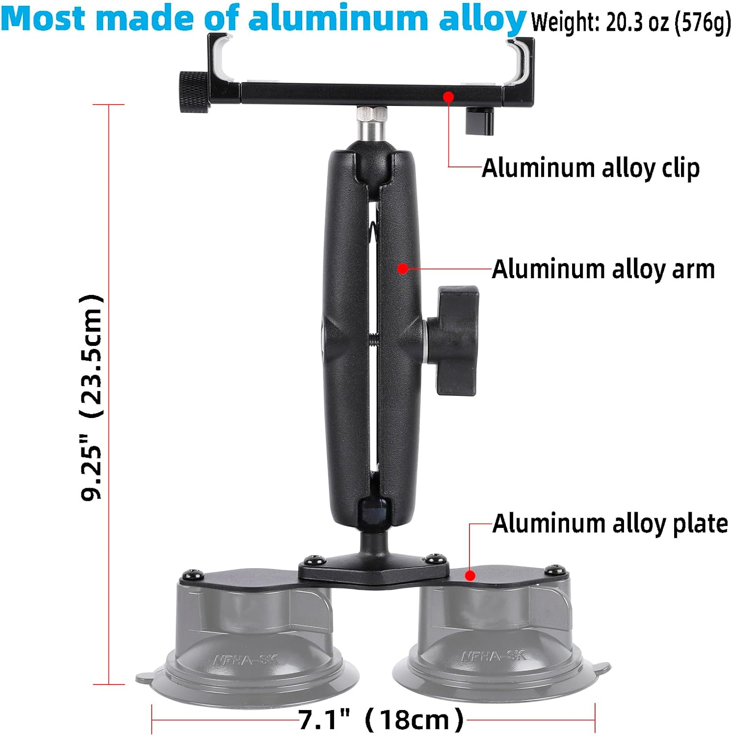 Aluminum Tablet Holder with Dual Suction Cup Base for Car/Boat Windshield, Tablet Stand Fits iPad Air 13" M2 (2024), iPad Pro 12.9" and other 4.7-15" Tablets, Mount on Window Bathroom Mirror