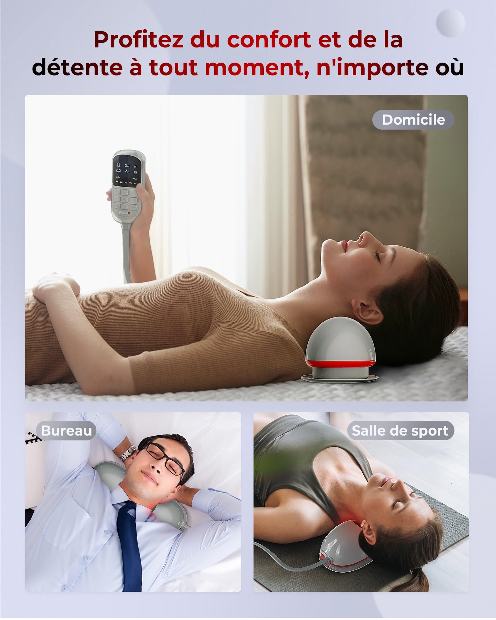 FliKEZE Étireur de cou chauffant avec thérapie par la lumière rouge, appareil de traction cervicale sans fil pour soulager la douleur TMJ et relaxer les épaules, coussin de massage de traction du cou