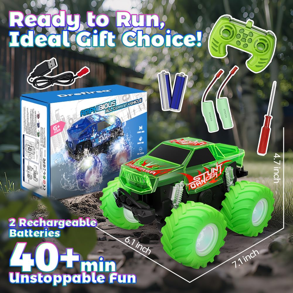Amphibious Monster Truck Toy, Waterproof Remote Control Car, 4WD Off-Road RC Truck with Colorful Light, RC Stunt Car Toy for 4-7 8-12 Year Boy Birthday Gift Present