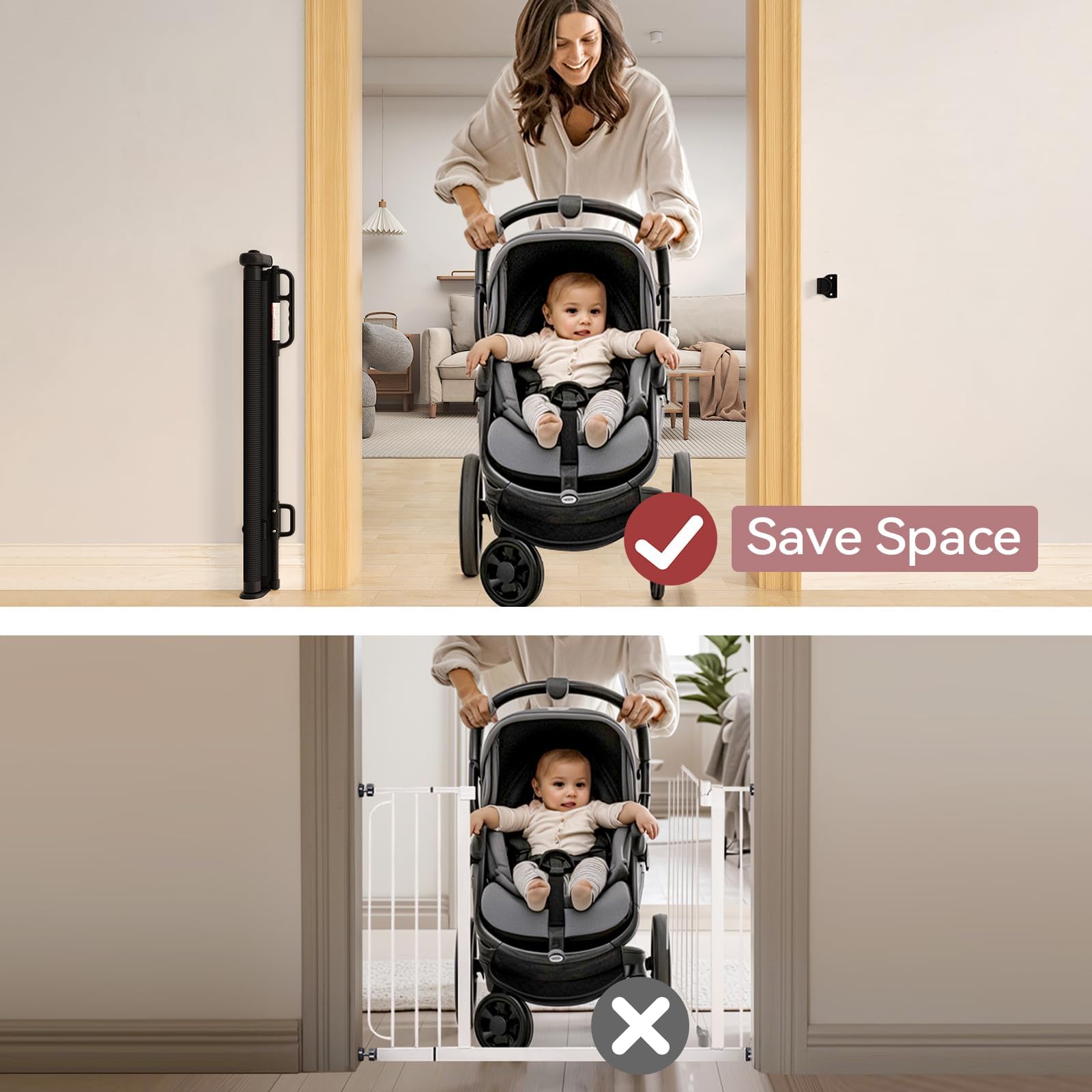 Momcozy Puerta de Escalera Retráctil para Bebé, 33" de Alto, Extiende hasta 55" de Ancho,Diseño Retráctil hacia Arriba y hacia Abajo Puerta de Malla para Perros para Interior/Exterior