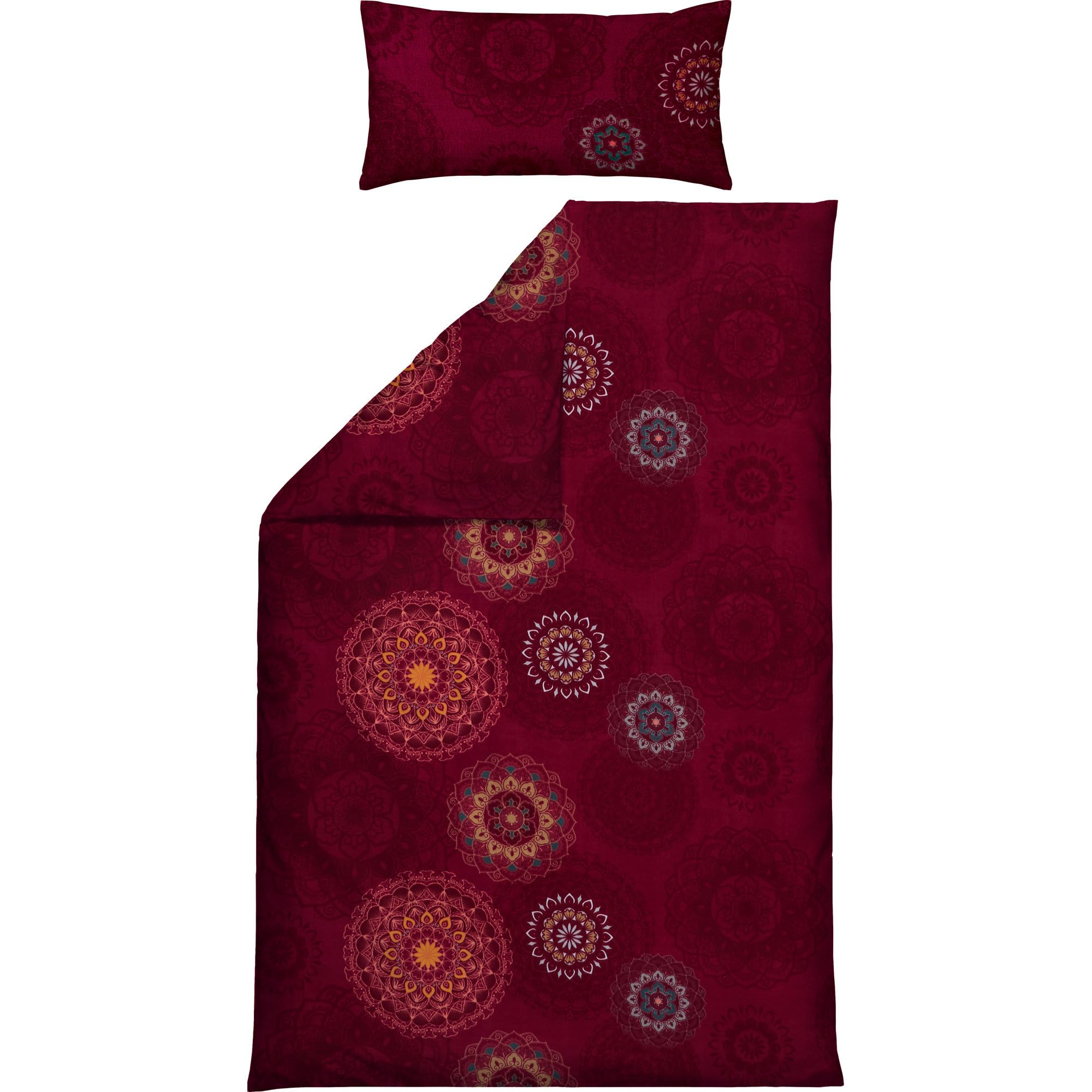 Erwin Müller Bettwäsche, Bettgarnitur Sparpaket 4-TLG. Flanell - Mandala - mollig warm, temperaturregulierend, mit praktischem Reißverschluss - Bordeaux Größe 40x80 cm / 135x200 cm