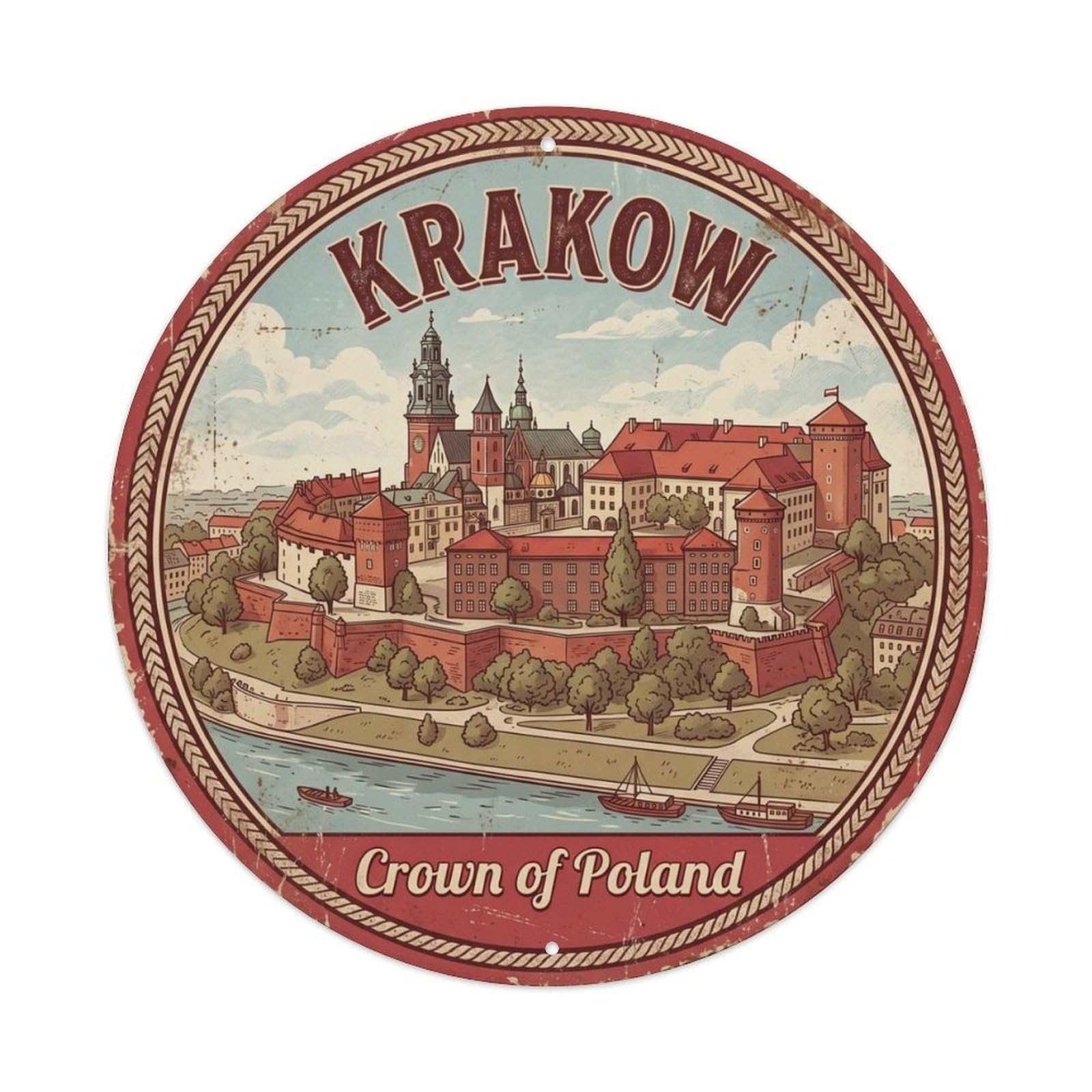 Vintage Travel Krakow Castle Poland Metal Tin Sign Plaque Wall Decor for Cafe, Club Bar, Office, Home Garden Round Metal Poster 8x8Inch