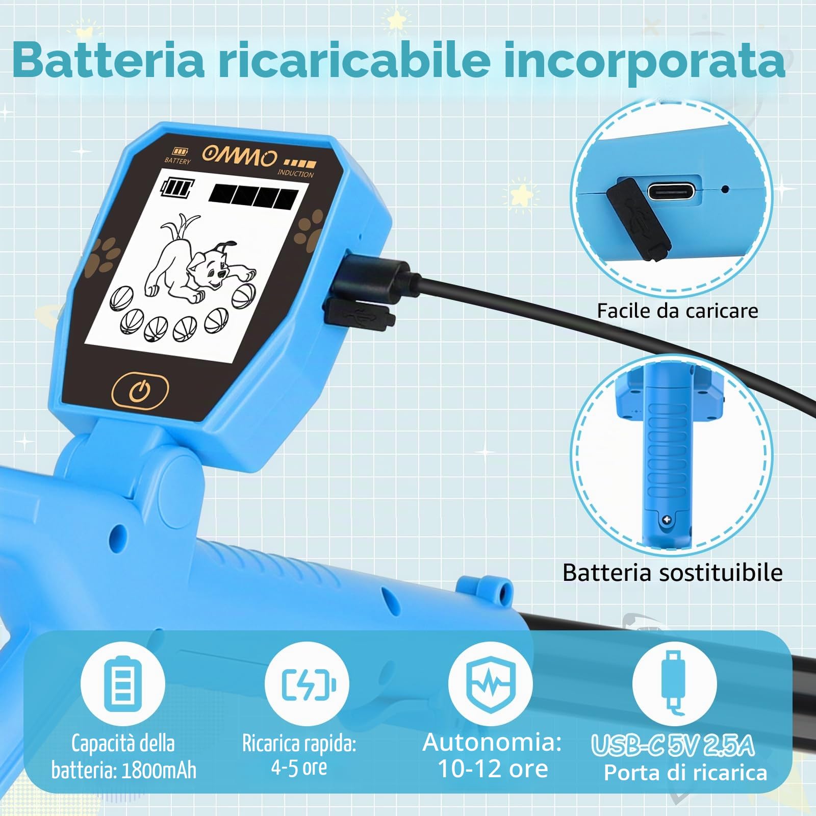 OMMO Metal Detector per Bambini, Metal Detector Ricaricabile USB con Schermo LCD retroilluminato, 28.3 ''-39.4 '' Regolabile per Bambini, Detector con Bobina Impermeabile IP67 per Caccia al Tesoro