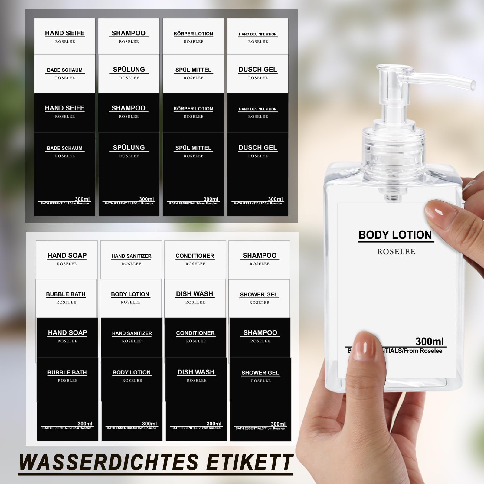 Roselee 3-delige zeepdispenser, wandbevestiging, transparant, set van 300 ml, zeepdispenser, wandmontage, zonder boren, shampooflessen om te vullen, afwasmiddeldispenser, shampoodispenser voor douche