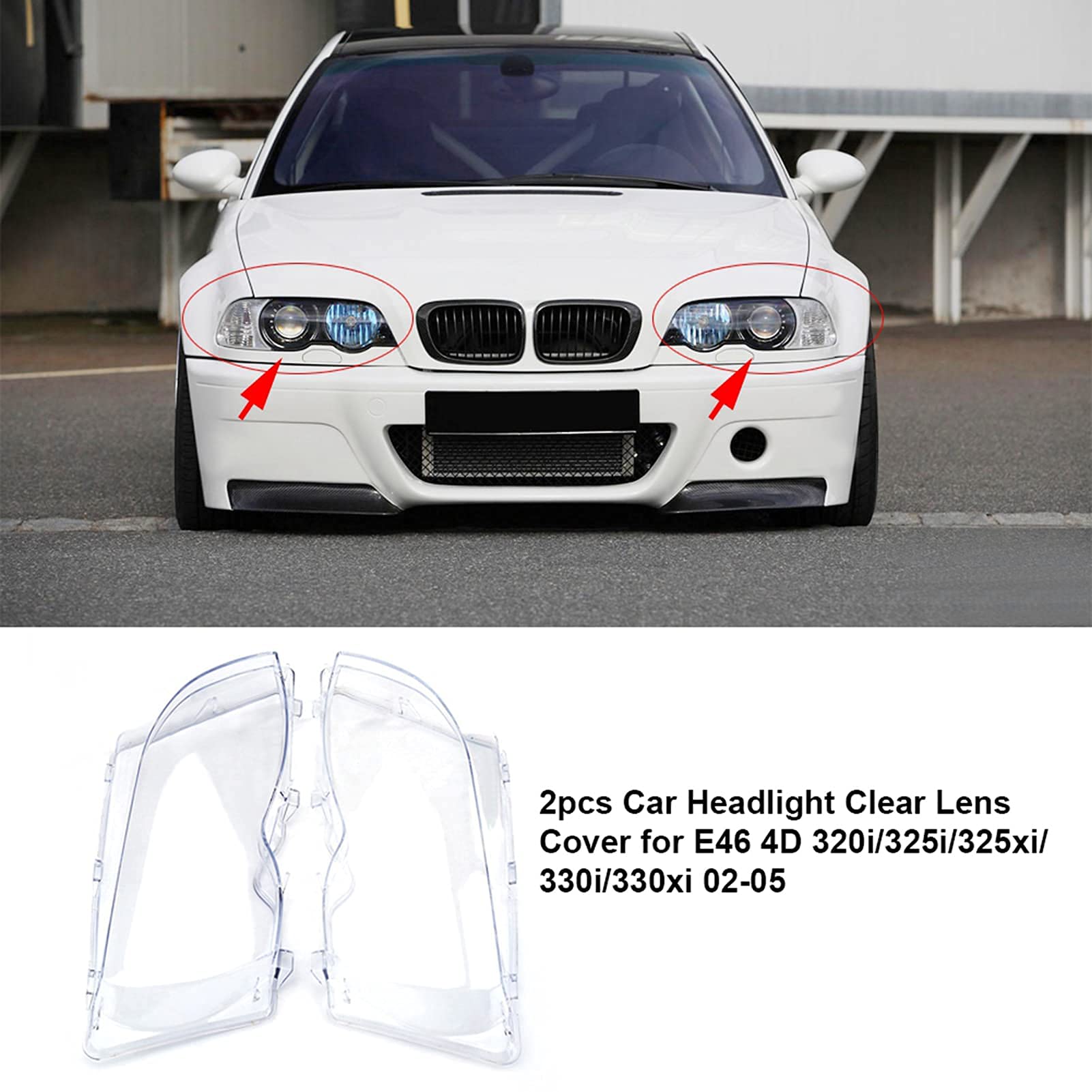 Ejoyous 1 Par de Cubiertas de Cristal para Faros Delanteros de Coche Izquierdo Y Derecho para E46 4D 320i/325i/325xi/330i/330xi 02-05 63126924043 63126924044