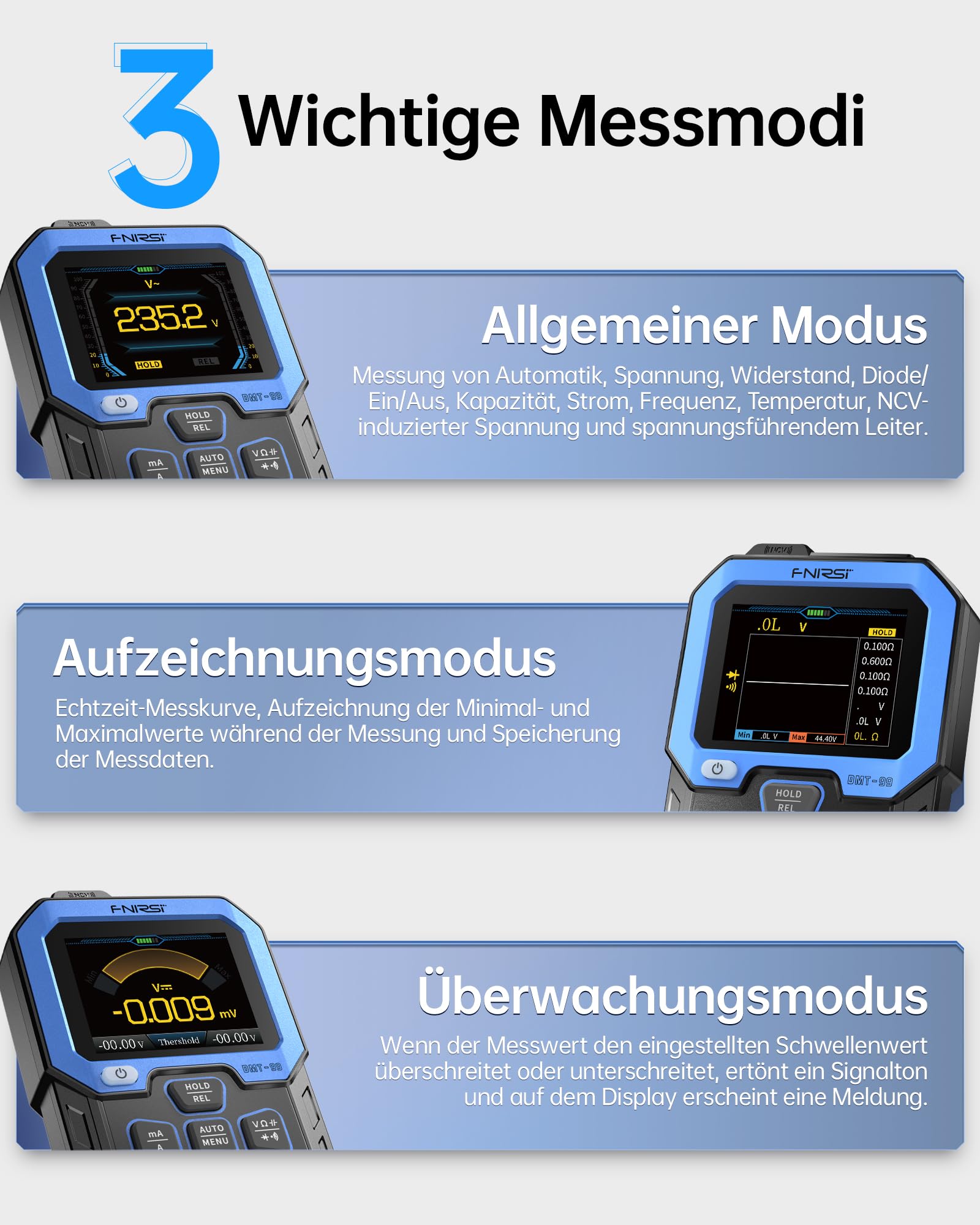 FNIRSI DMT-99 Digital Multimeter mit 9999 Counts, TRMS, Wiederaufladbarem Voltmeter mit Automatischer Bereichswahl, Aufzeichnungs und Überwachungsmodus, Widerstands, Kapazitäts, Dioden, Frequenz, NCV