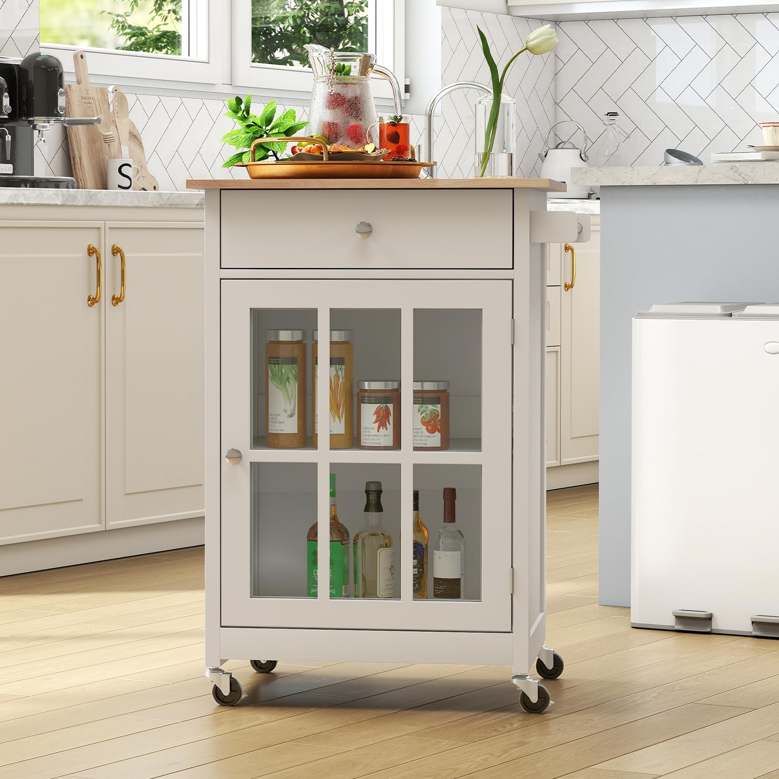 KOMFOTTEU Carrello da cucina con ruote, carrello di servizio con cassetto, porta in vetro temperato, portasciugamani in legno di gomma, tavolo da bar mobile con ripiano regolabile per soggiorno