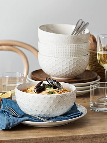 LE TAUCI Tazones de cereales de 7 pulgadas, juego de 4, blanco ártico+platos de ensalada de 8 pulgadas + tazas de espresso de 7 onzas, juego de 4