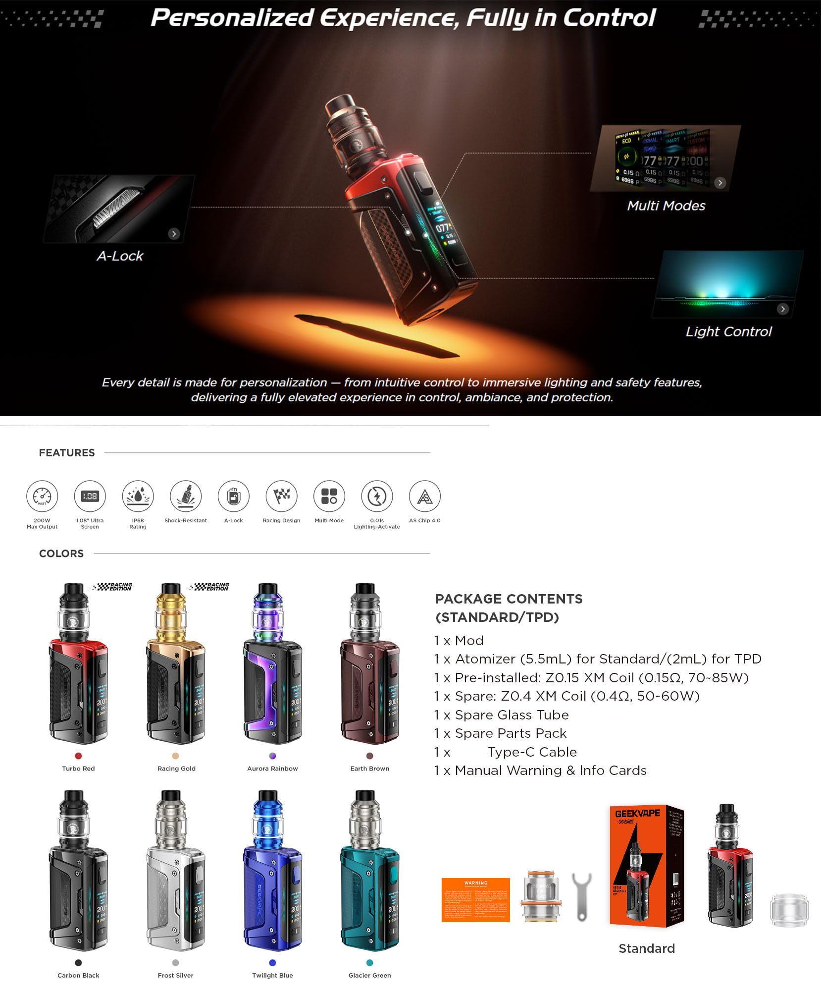 GEEKVAPE Aegis Legend 5 Mod Kit | Aegis Legend 5 Mod Box Mod TC 200W (Batterie Non Incluse) avec Réservoir Sub Ohm Z 5.5ml, Coil Vape Z (Z0.15XM / Z0.4 XM)