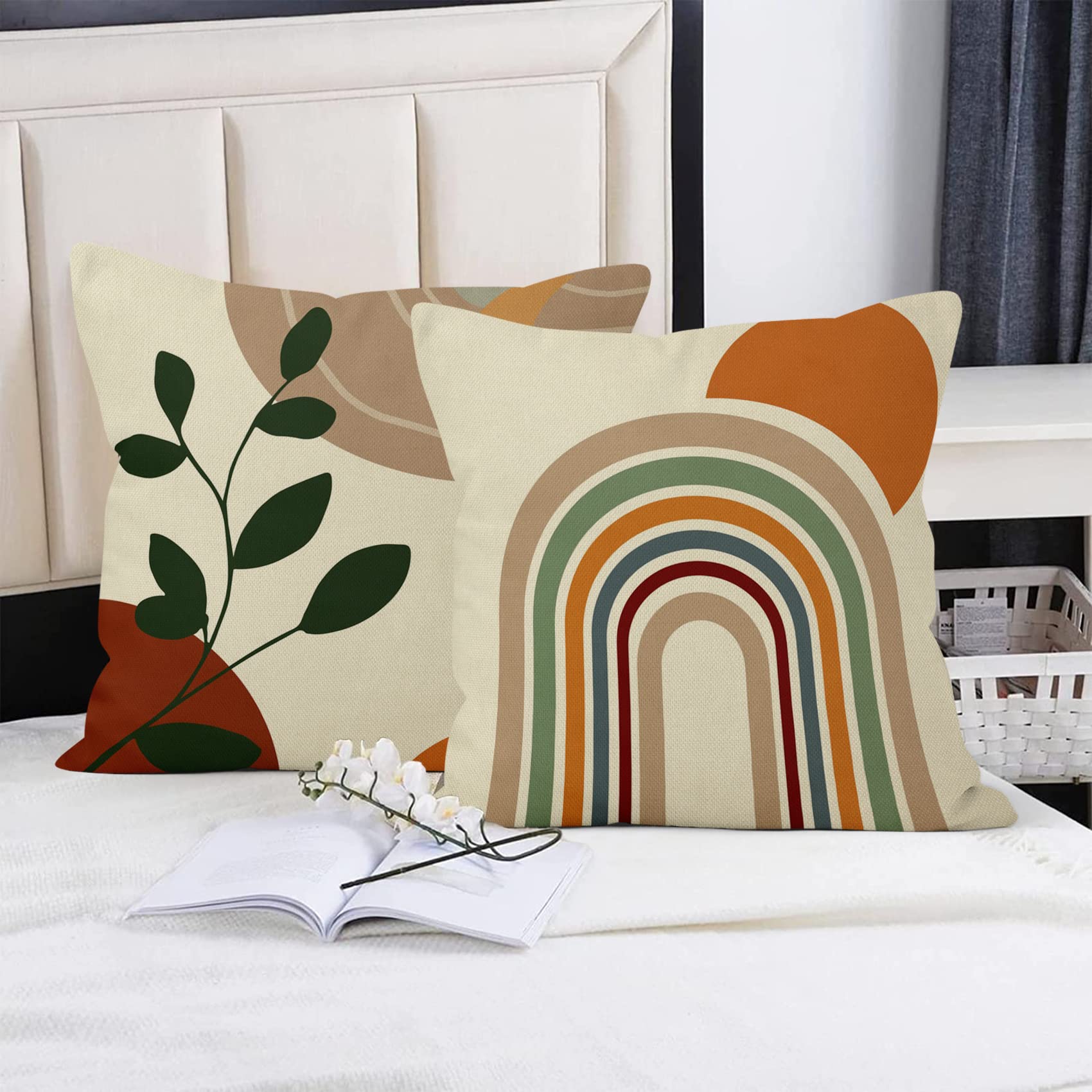 Set di 4 federe per cuscini in stile bohémien, 40 x 40 cm, stile bohémien, stile bohémien, arcobaleno, in cotone e lino, color terracotta, set da 4 pezzi (senza inserti)