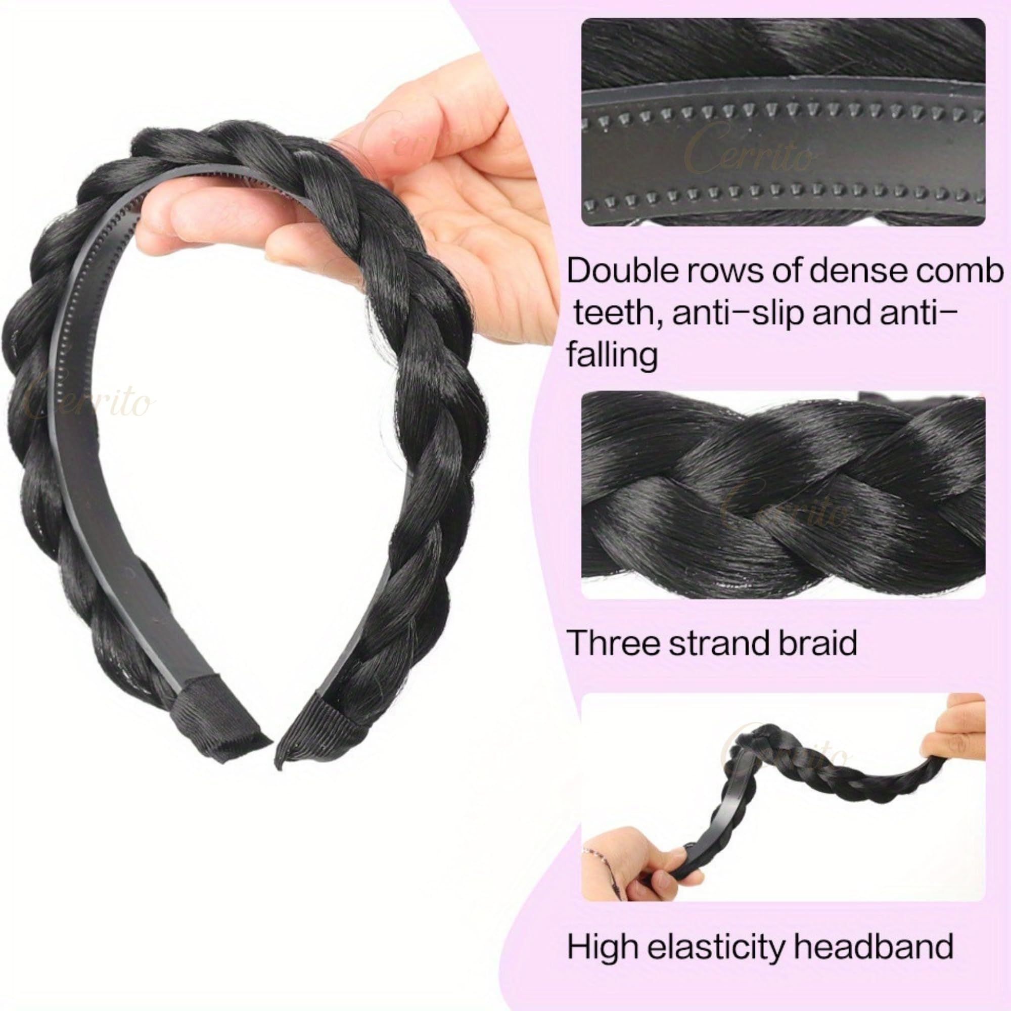 Cerrito Synthetic Braided Hair Headband Set of 2 | Plaited Wig Band with Teeth Hairband For Woman | Elastic Headband For Extension, Ponytails, Bun & Juda | Hair Accessories for Women & Girls (Black) 3