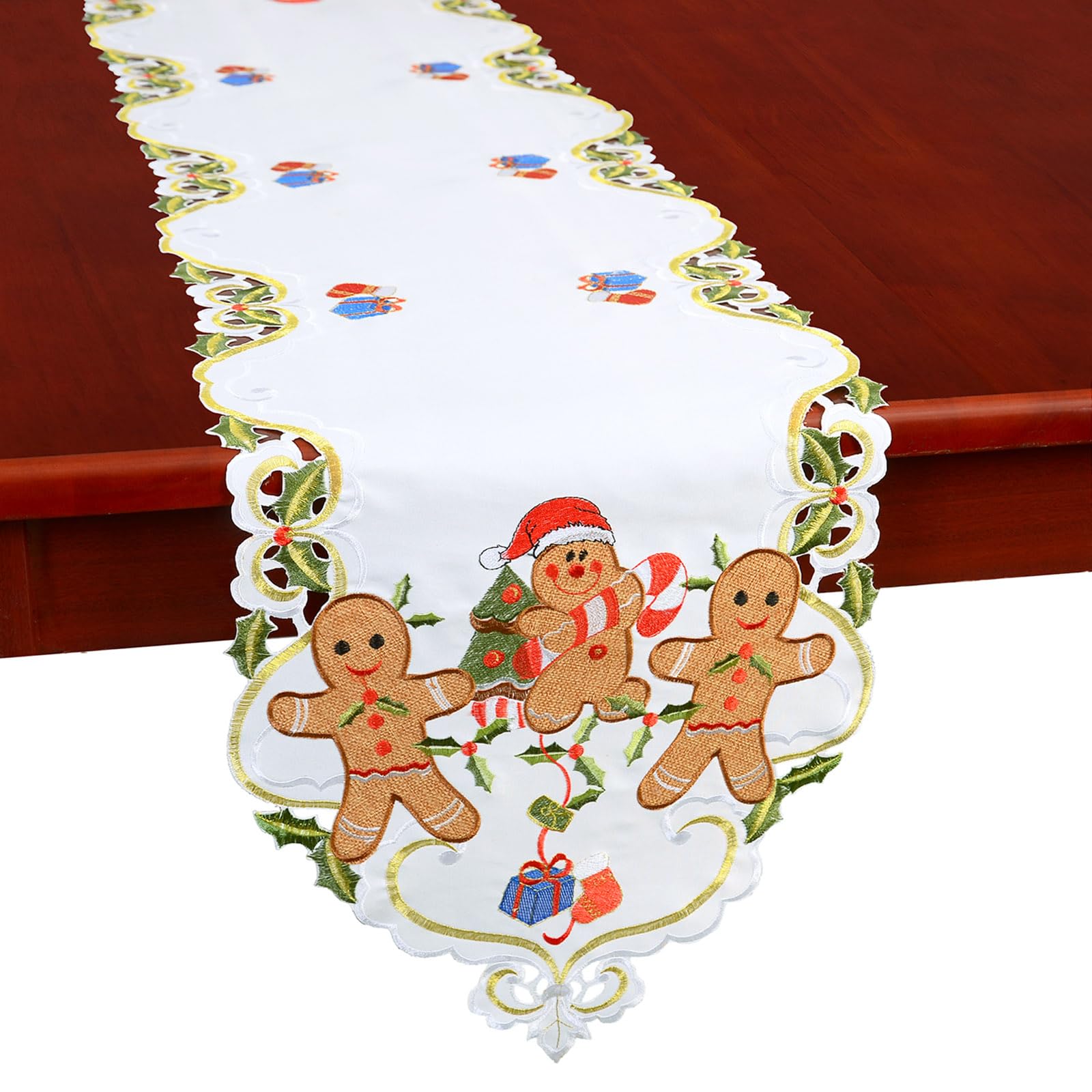 Simhomsen Embroidered Christmas Holiday Gingerbread Table Runner (14 × 69 Inches)
