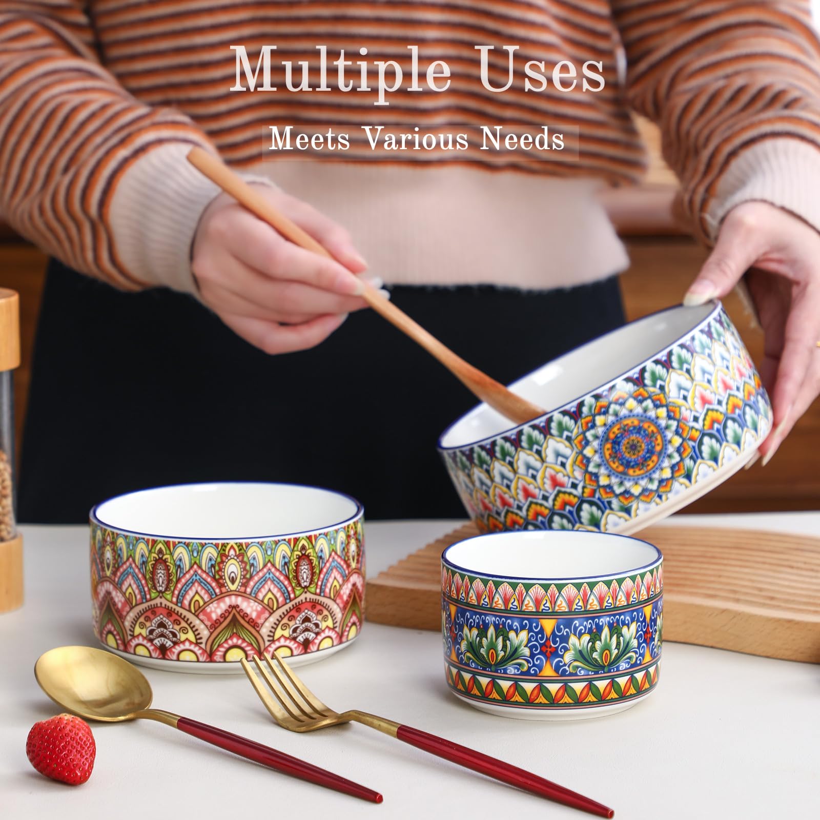 Henten Home Set di Ciotole in Ceramic, 3 Pezzi, Insalatiera con Coperchio, 330ml/600ml/950ml, Lunch Box, Contenitori per la Cucina, Ideali per cereali, insalate, zuppe